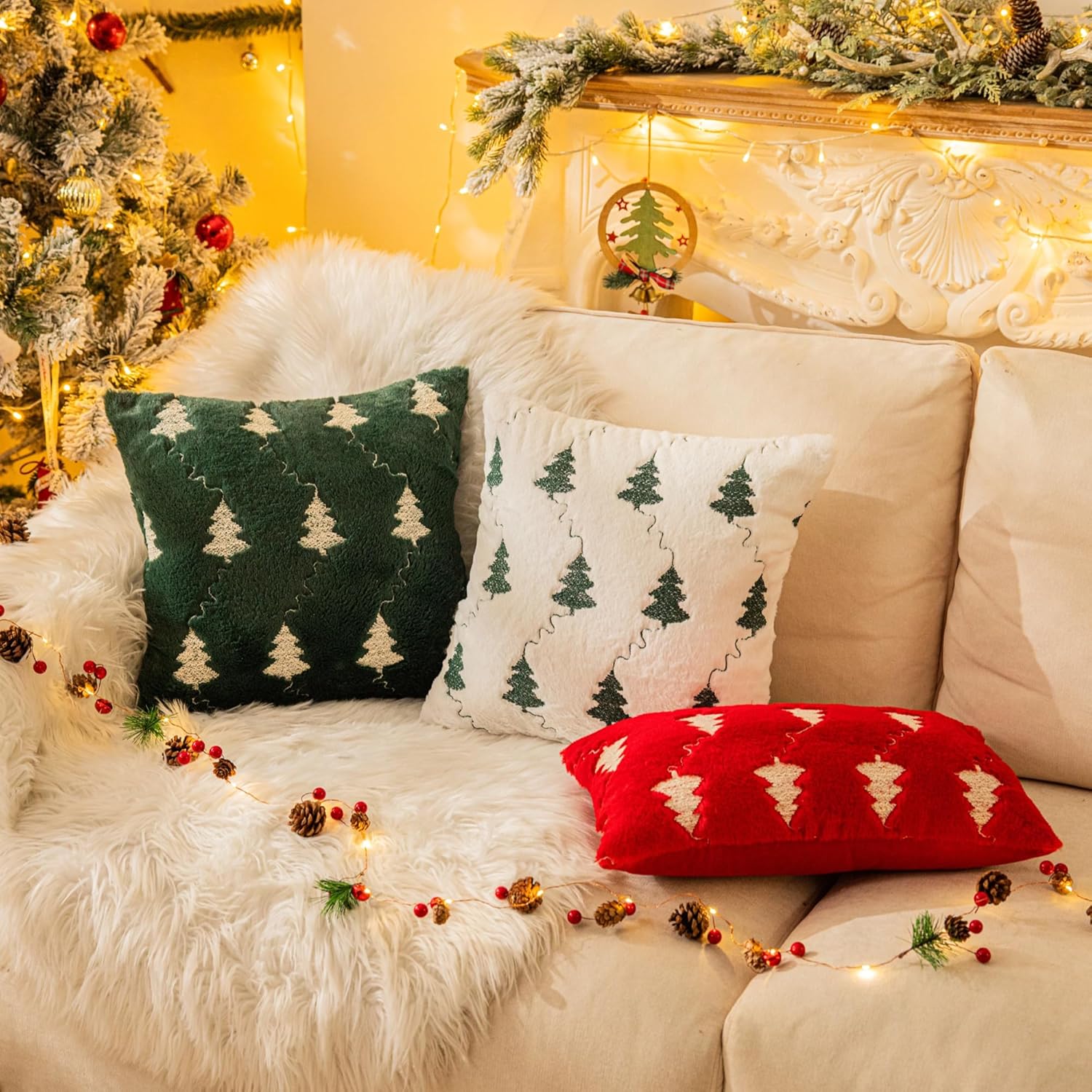 AQOTHES Christmas Tree Embroidered Green Throw Pillows Cover 20x20 Inch, Set of 2 Packs Winter Soft Fluffy Decorative Throw Pillows Covers Decor for Home Sofa Couch Bed Room