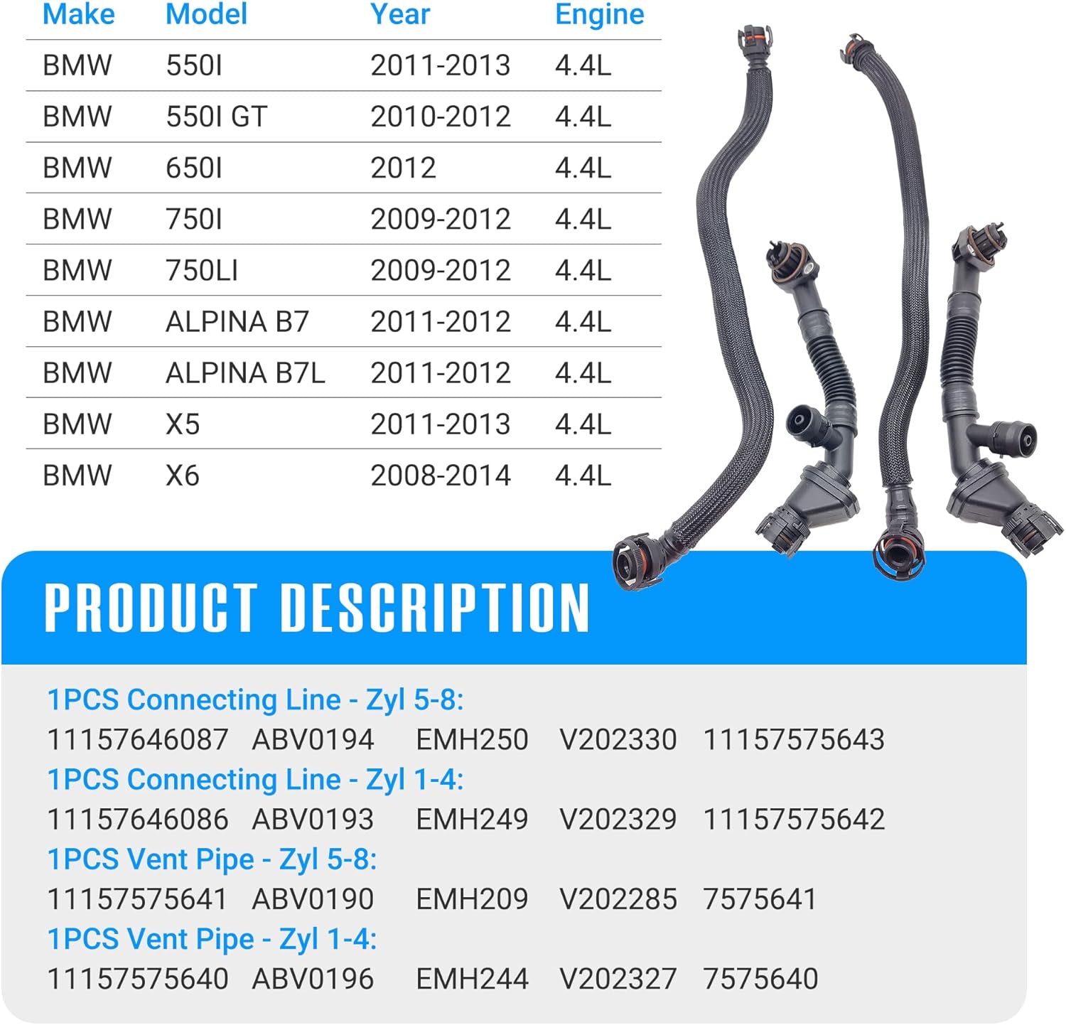 4PCS Left and Right Crankcase Vent Pipe for BMW 550i 650i 750i 750Li Alpina B7 X5 X6 xDrive35i N63 4.4L 11157575640 11157575641 11157646086 11157646087