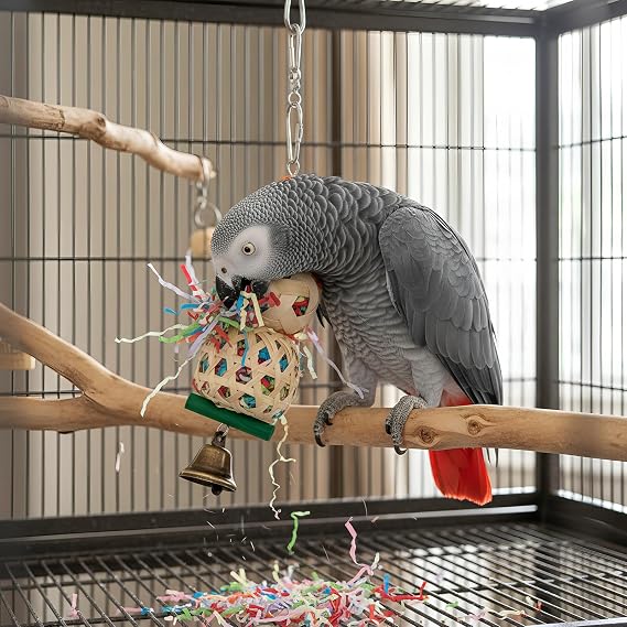Bird Toys, 2pcs Set for Small & Medium Parrots | Colorful Shredded Paper Foraging Toys, Bamboo Balls, Loofahs, For Cone Tailed, Sunflower Cockatoos, Amazon Parrots