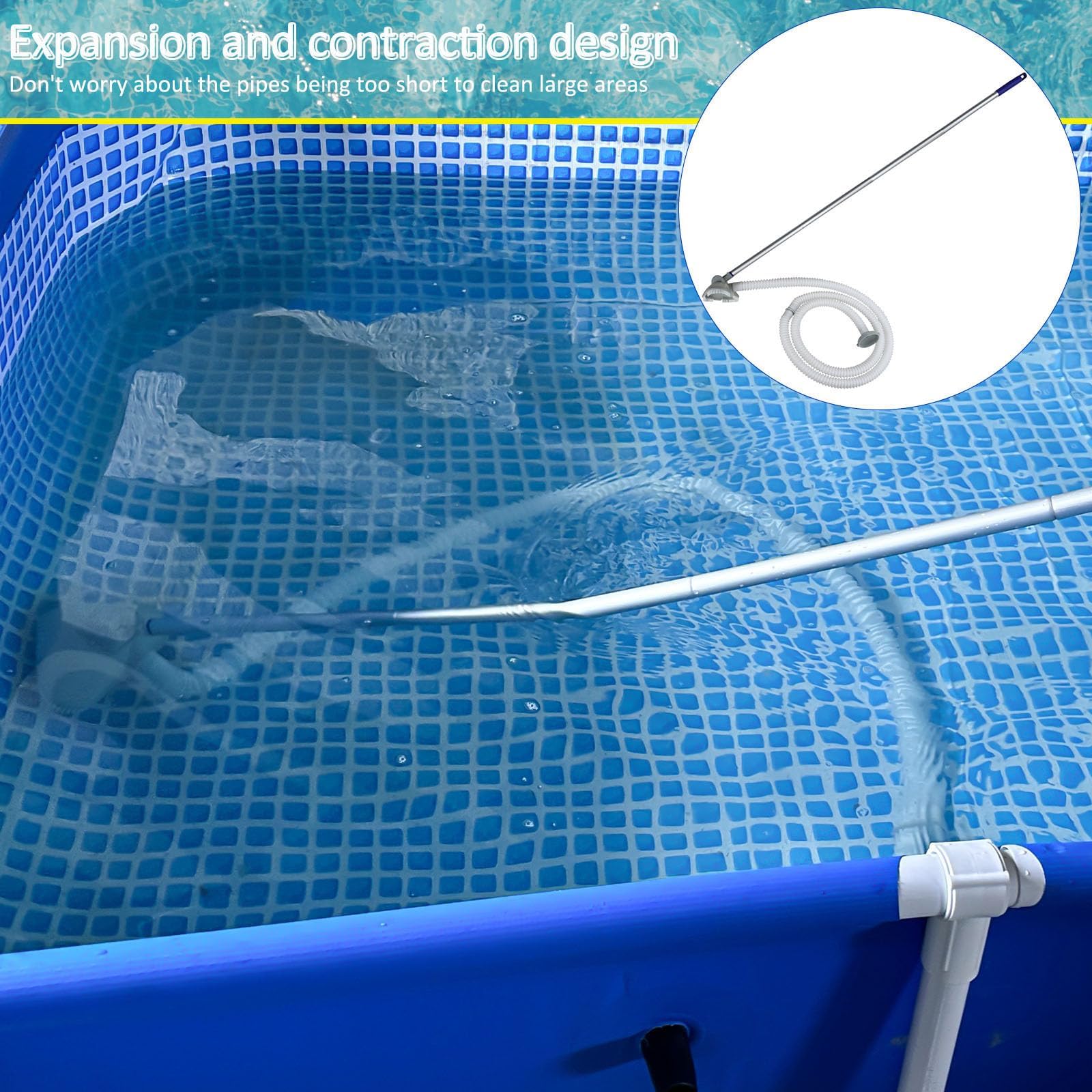 Balai Aspirateur Piscine, Nettoyeur Piscine Portable, Aspirateur Piscine Kit de Nettoyage Hors Sol, avec Tuyau, Tête D'aspiration et Manche Télescopique de 144 cm, pour Spa, Bain à Remous, gonflables