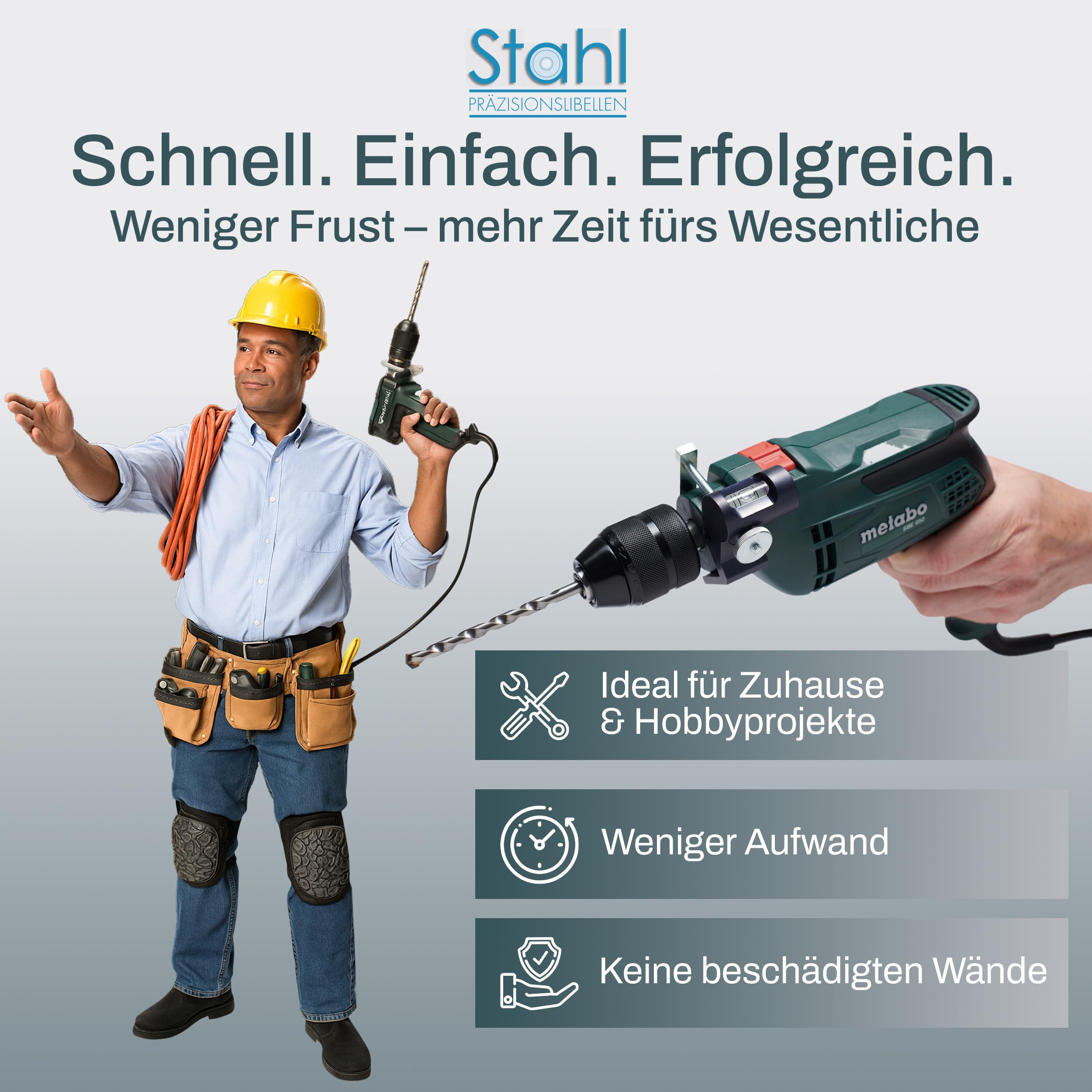 Bohrmaschinen Wasserwaage – für exakte Bohrlöcher – Bohrmaschinen-Wasserwaage mit Rund- & Längslibelle für Bohrmaschine – Made in Germany