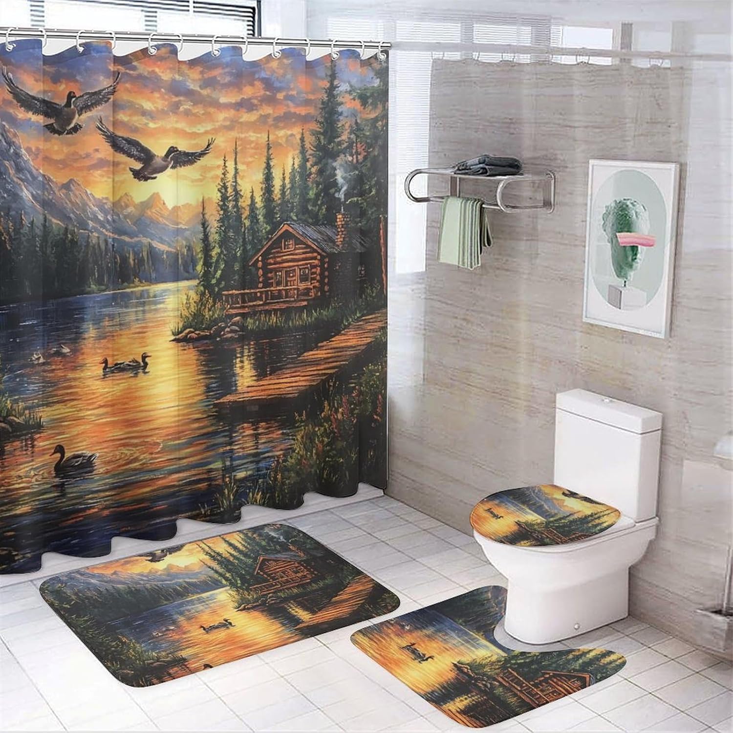 Mountain Sunset Wooden House Ducks Bathroom Sets with Shower Curtain and Rugs 4 Piece with U-Shaped Floor Mat Toilet Lid Cover