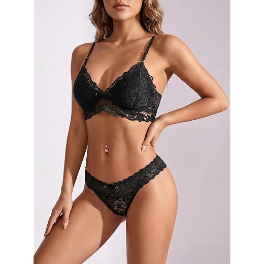 Conjunto de 2 peças de roupa íntima feminina sexy de renda inclui sutiã de malha ultrafina com decote em V e tanga de cintura alta, sem aro, uso diário por mulheres