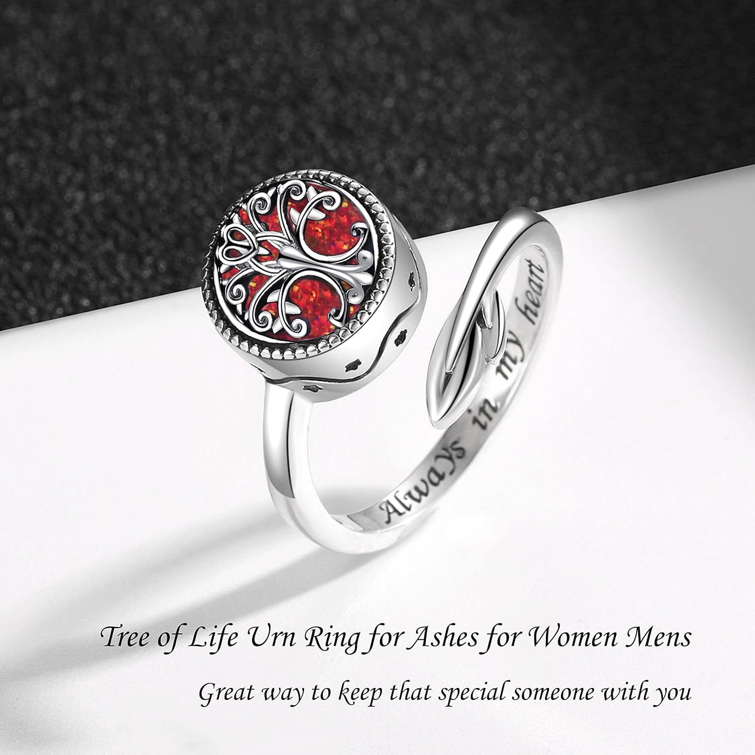 Tree of Life Urn Ring for Ashes 925 Sterling Silver Adjustable Family Tree with Opal Memorial Keepsake Jewelry Always in My Heart Cremation Ring for Women - Image 6