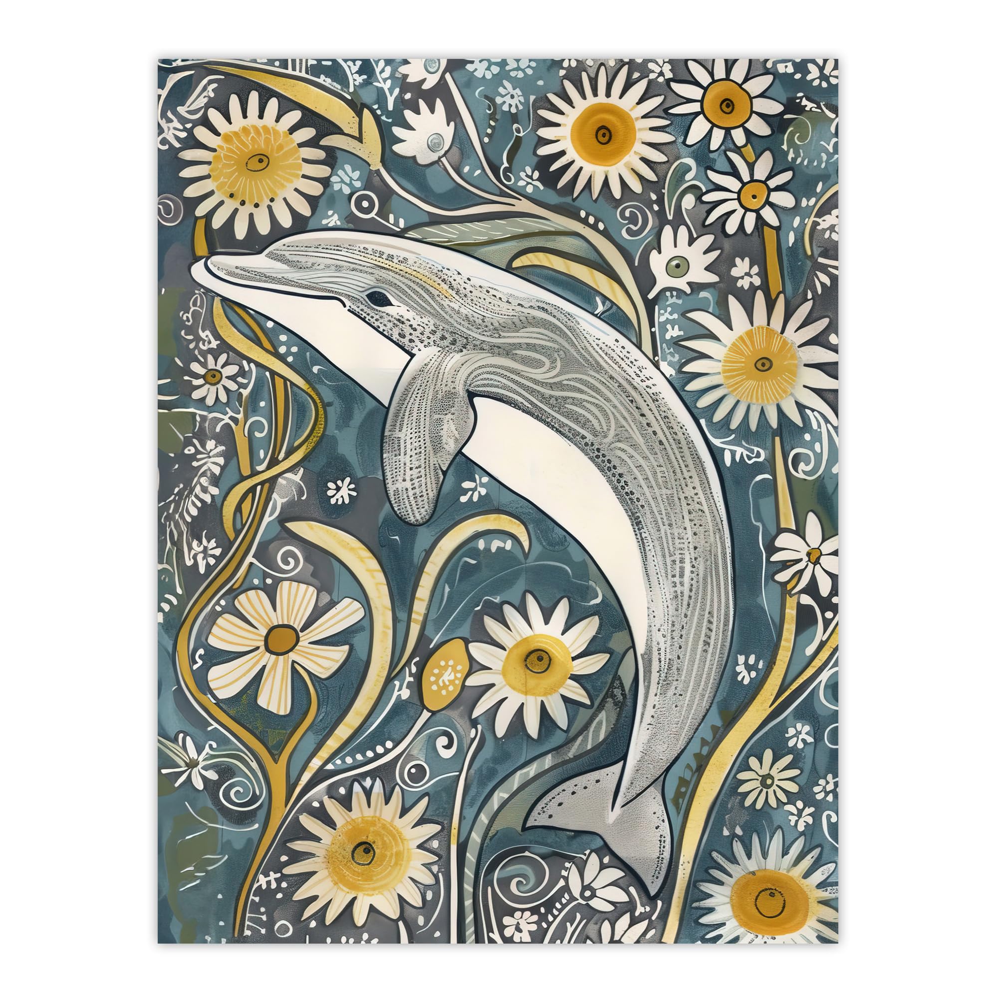 Artery8 Dolphin Daisy Wildflowers Artwork Quirky Floral Bathroom Toilet Large Wall Art Poster Print Thick Paper 18X24 Inch