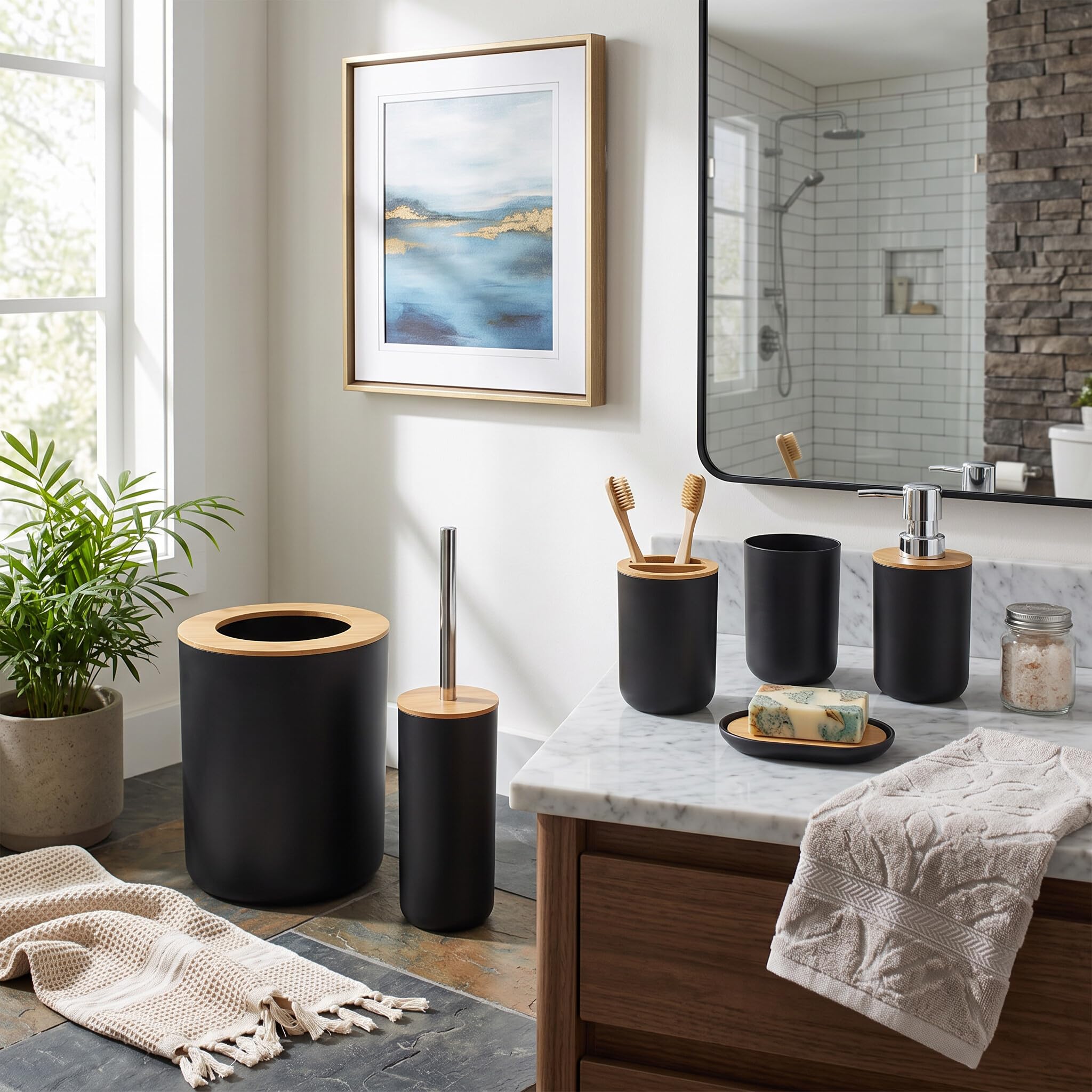 Juego de Estuches de Almacenamiento para Accesorios de baño, 6 Piezas de Herramientas de Inodoro para baño, Bote de Basura, Botella de loción, Bandeja de jabón, Cepillo de Dientes(Negro)
