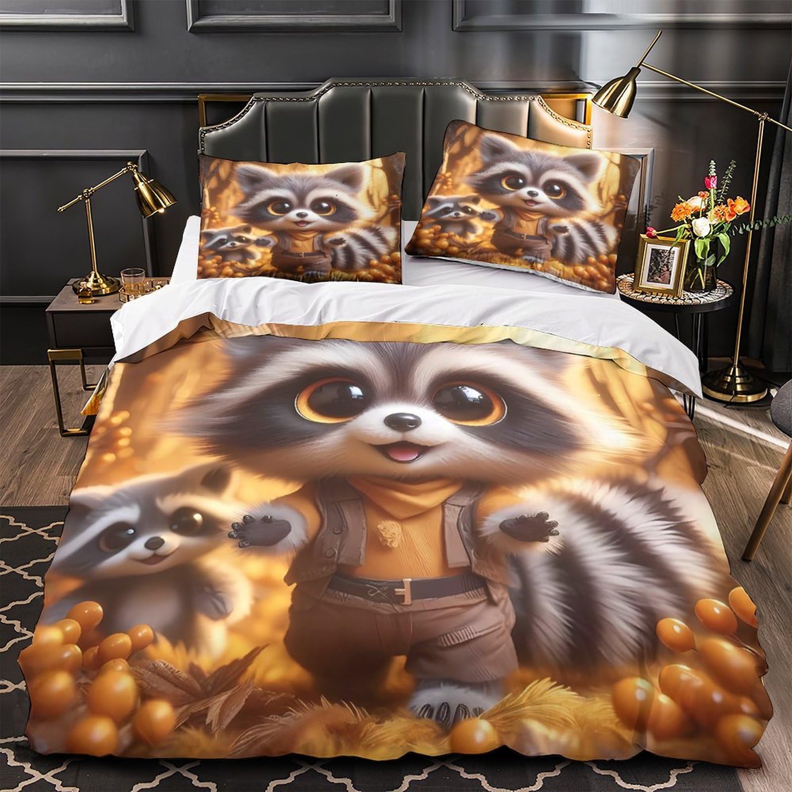 Housse de couette raton laveur en microfibre 135x200cm pour lit une place enfant