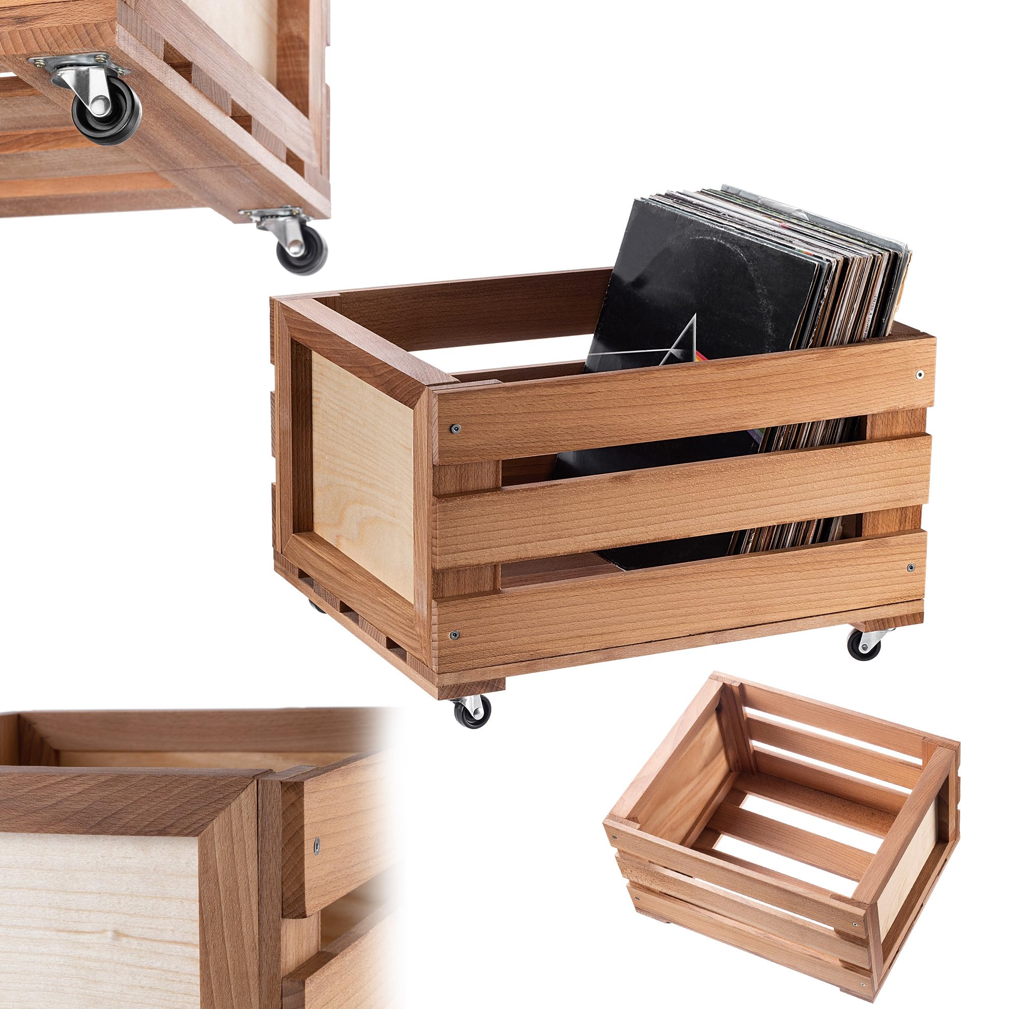 KADAX Contenitore per dischi in vinile in legno, scatola per la raccolta di dischi in vinile con ruote, robusto supporto per dischi, marrone, 36,5 x 45,5 x 28,5 cm, Scatola per dischi in vinile