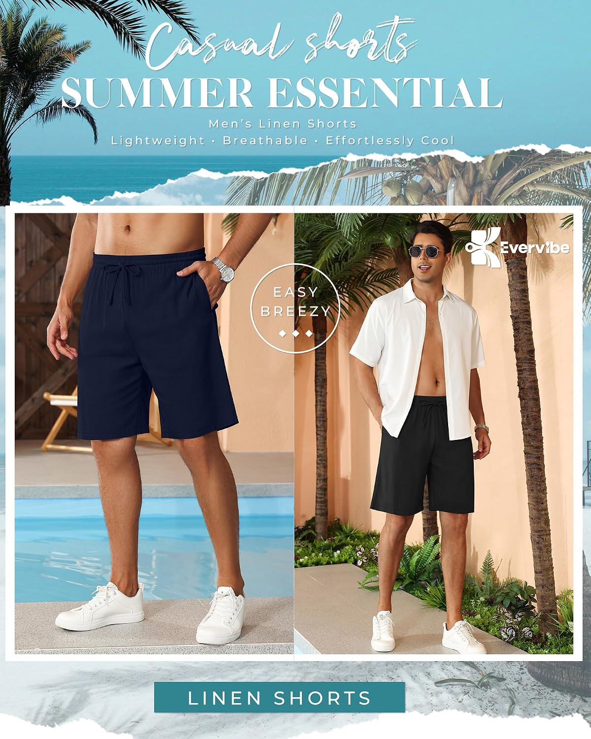 Evervibe 2 Pack Men's Big and Tall Cotton Linen 9" Inseam Shorts Drawstring Summer Casual Beach Bermuda with Pockets