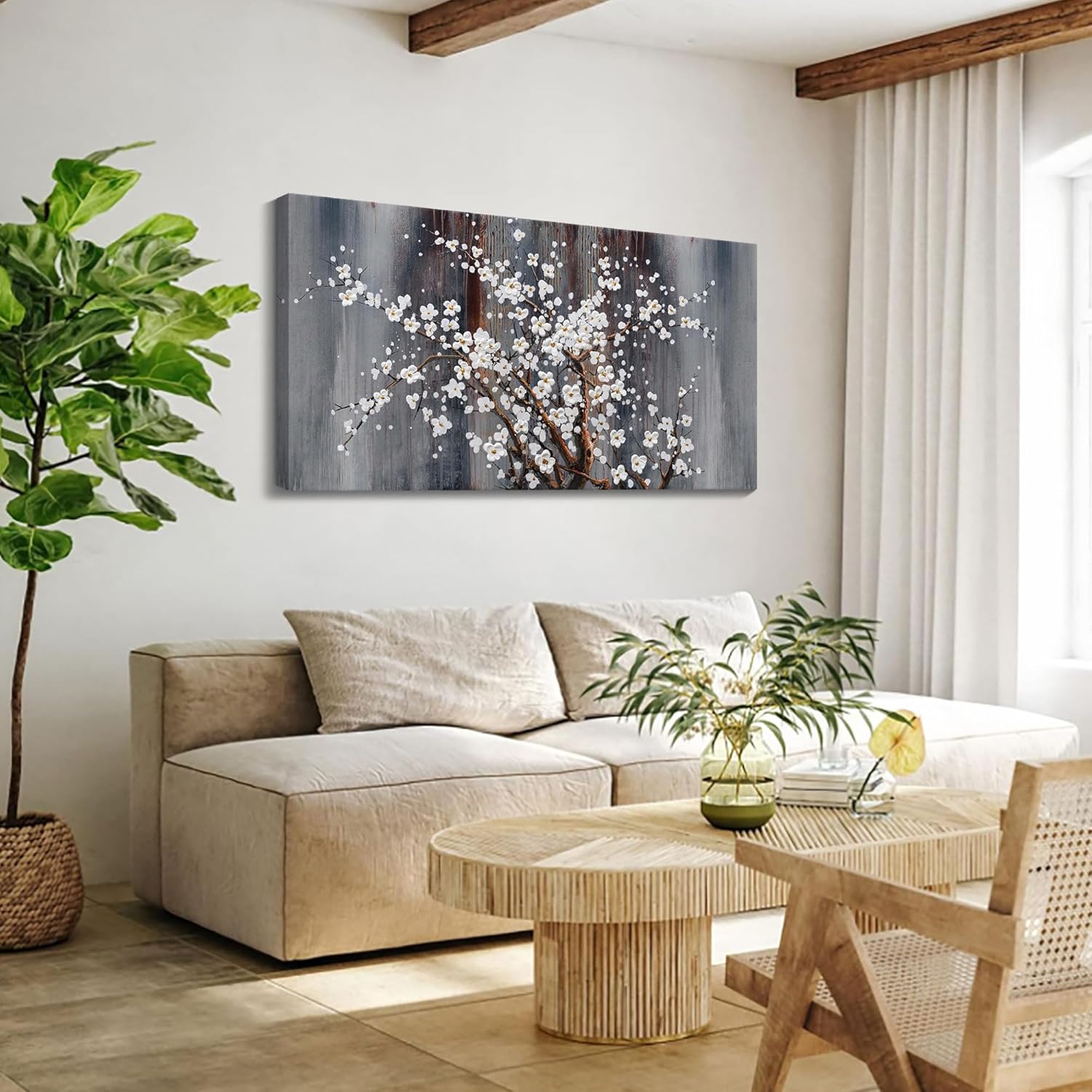 AJAZIKO Wall Art for Living Room Large Modern Wall Decor Canvas Paintings for Wall Decorations White Flower Brown Bedroom Office Artwork Plum Blossom Art Prints Framed