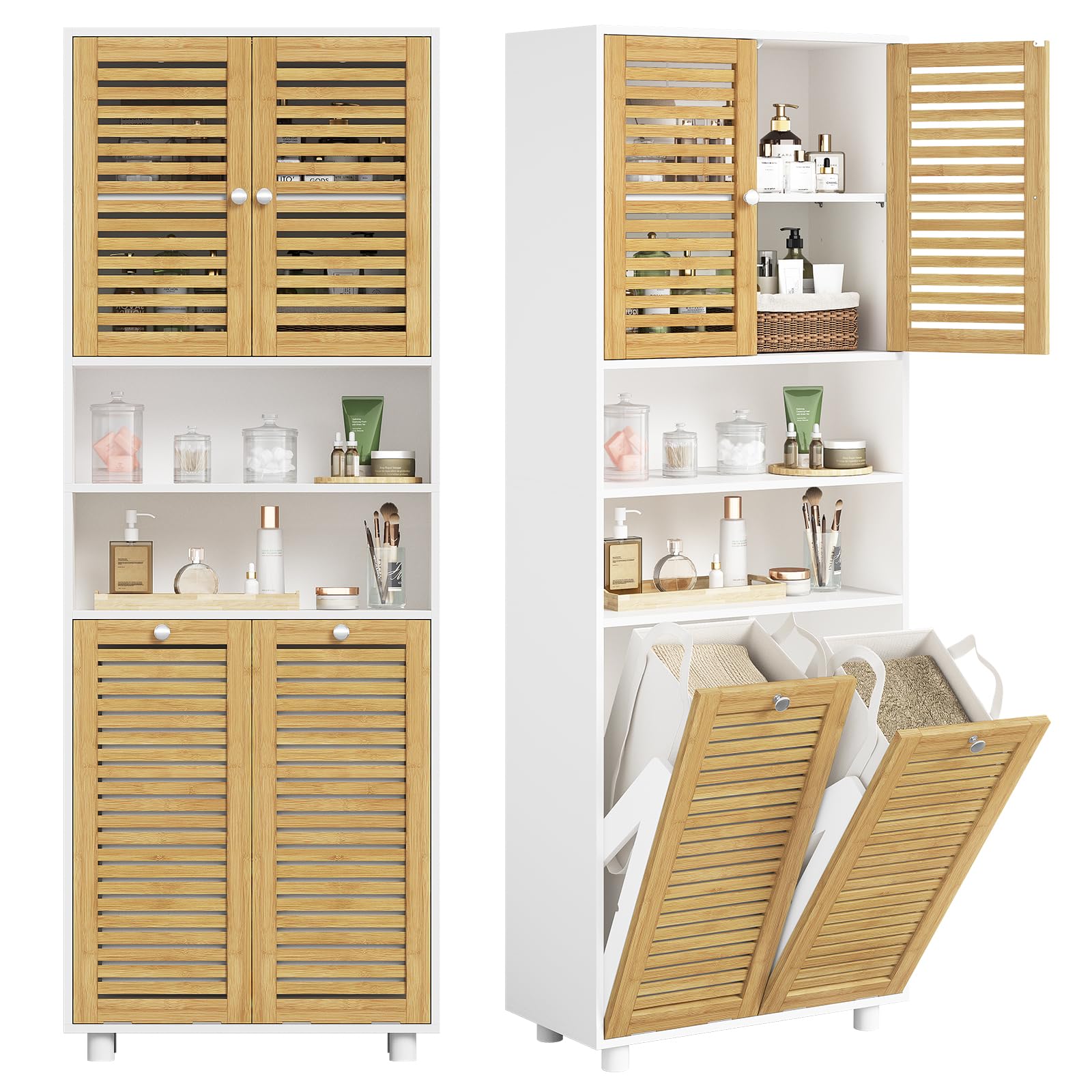 Badezimmerschrank mit Wäschekörbe, Badschrank mit 3 offenen Fächern und 2 Wäscheboxen, herausnehmbarer Wäschesack mit Griffen, Badezimmer Hochschrank mit verstellbare Ablage, 60 x 28 x 170 cm