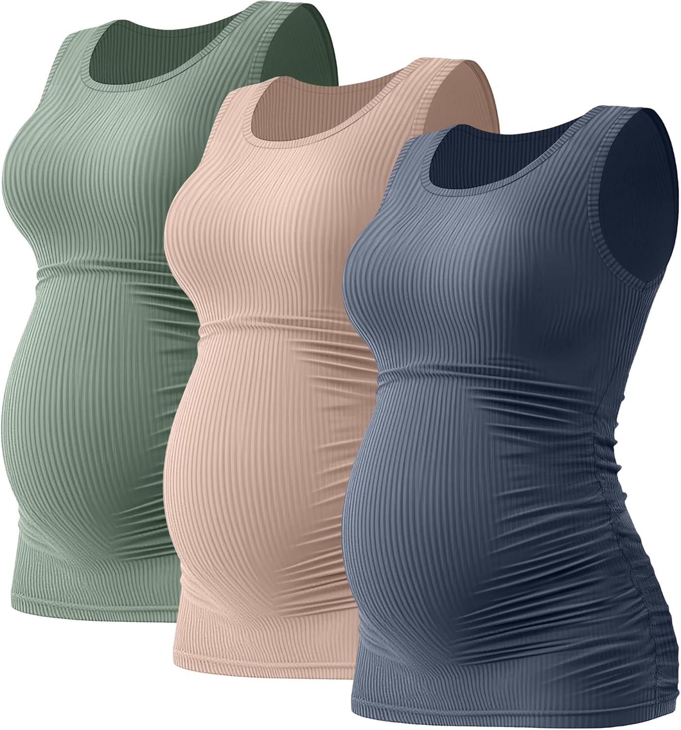 Riyiper 3 Pack Women's Maternity Tank Tops, Sleeveless Cotton Pregnancy Shirts Ribbed Knit Sides Ruched Basic Mama Clothes - Image 2