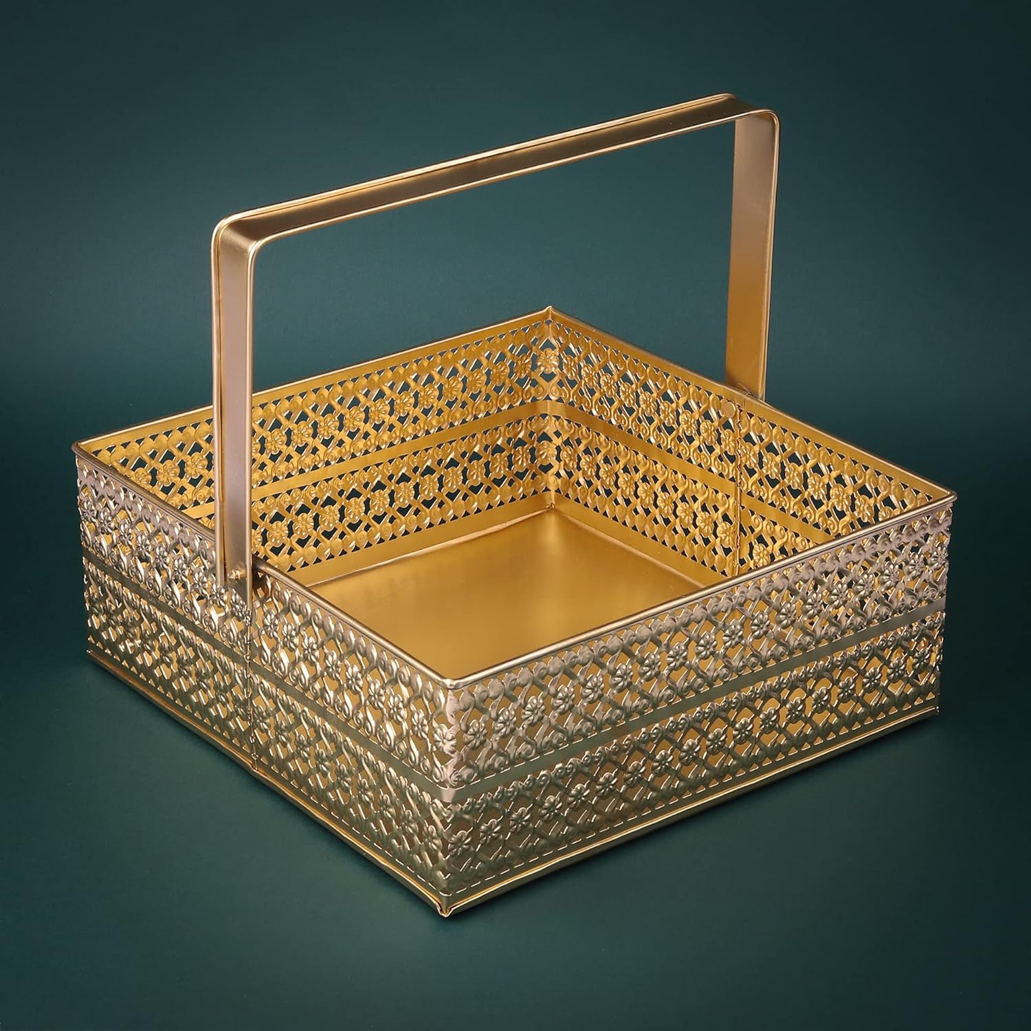 metal sheet multipurpose hamper Fancy Basket/Tray/Platter box with hadles for Packing, Gifting, Decoration - Golden (10 * 4 inch)