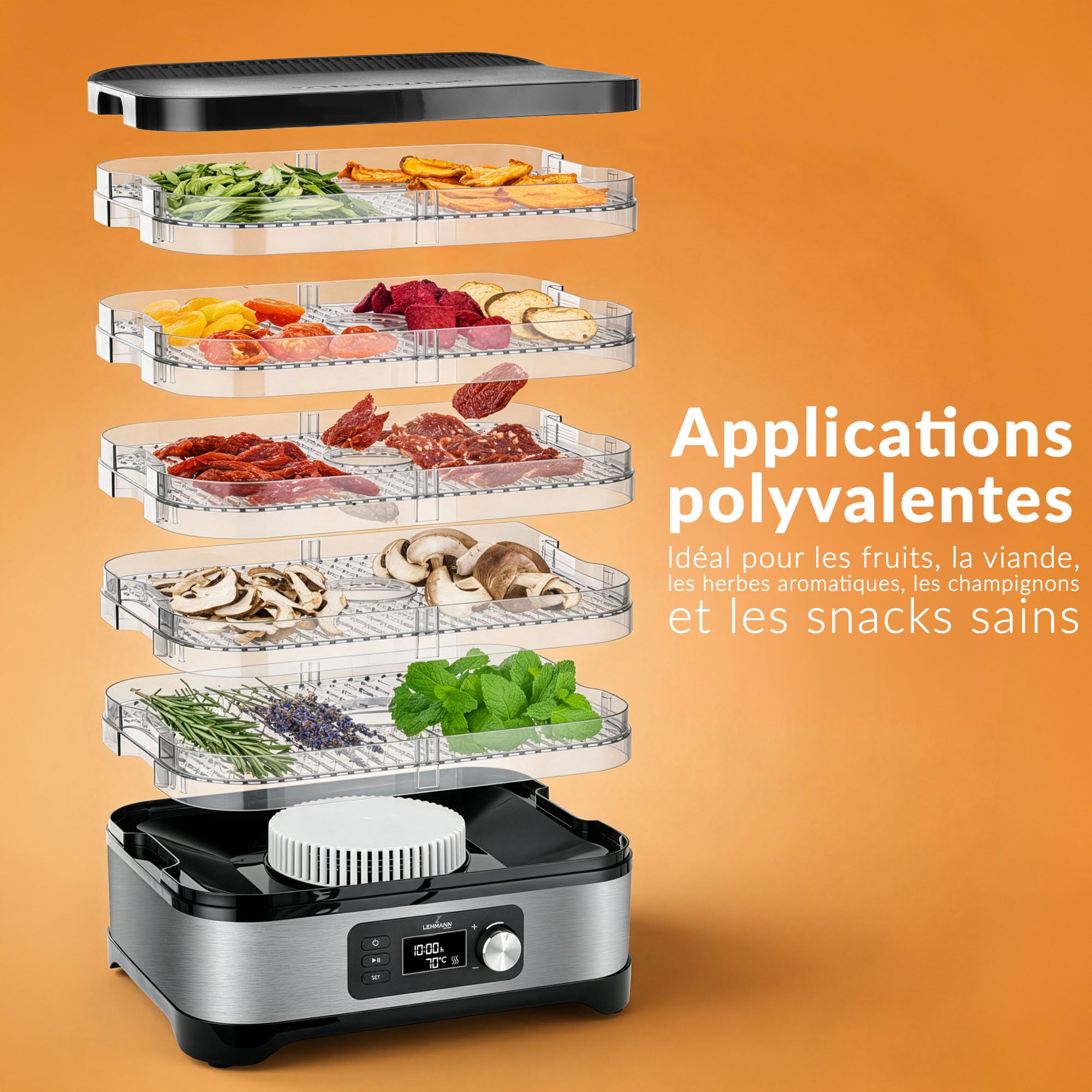LEHMANN Déshydrateur Alimentaire en Acier Inoxydable, 450 W, 5 Plateaux Réglables en Hauteur, Température Réglable 35-70°C, Minuterie 24 h, sans BPA, pour Champignons, Fruits, Légumes