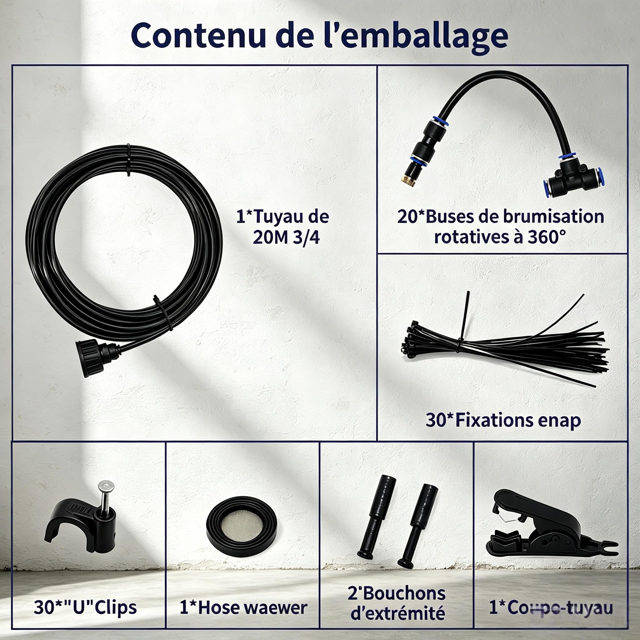 Système Brumisation 20 m, 20 Buses Laiton 3/4", sans électricité | Chakedix Kit Brumisation 20 m, 20 buses laiton, adaptateur 3/4", rafraîchit 20°C, sans électricité, anti-UV, terrasse jardin