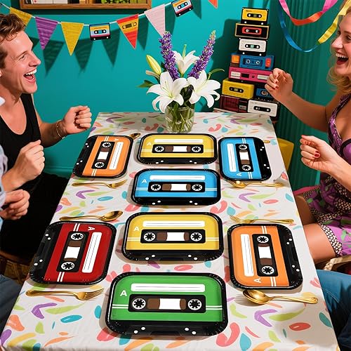 Miniatura 7 de Grencian 60 platos de cinta de cassette de 10 x 6.5 pulgadas, platos cuadrados de papel cuadrados para fiestas temáticas de música, vajilla