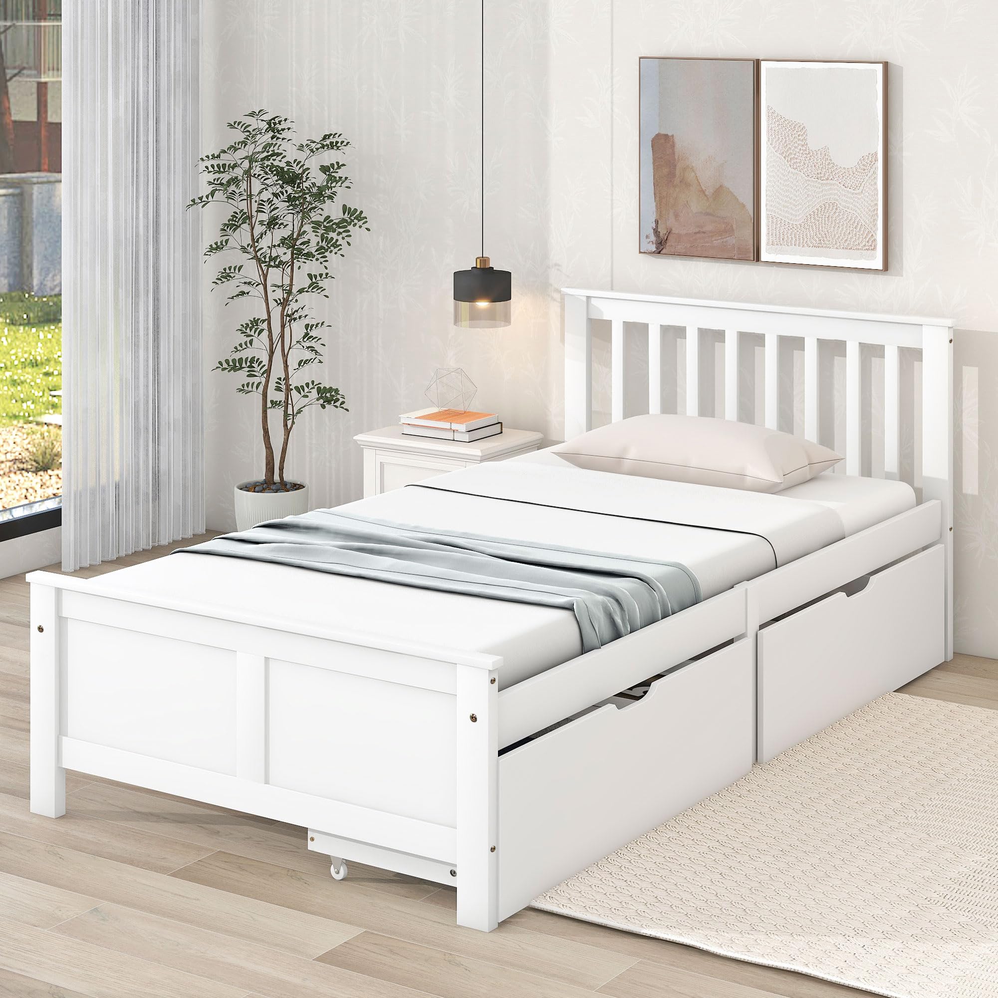 ModernLuxe Bett 90 x 200cm mit Schubladen, Einzelbett/Doppelbett mit Lattenrost und Kopfteil Bettgestell Holzbett Jugendbett Massivholz Bett (90 x200 cm)