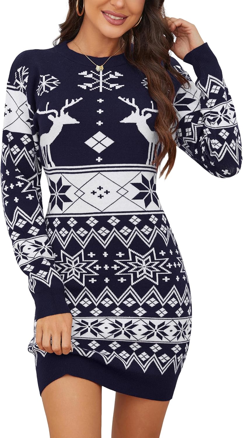 KOJOOIN Women's Cute Christmas Sweater Dress Long Sleeve Crew Neck Elk Floral Printed Oversized Pullover Tunic Tops