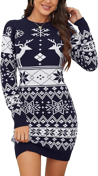 KOJOOIN Womens Cute Christmas Sweater Dress Long Sleeve Crew Neck Elk Floral Printed Oversized Pullover Tunic Tops