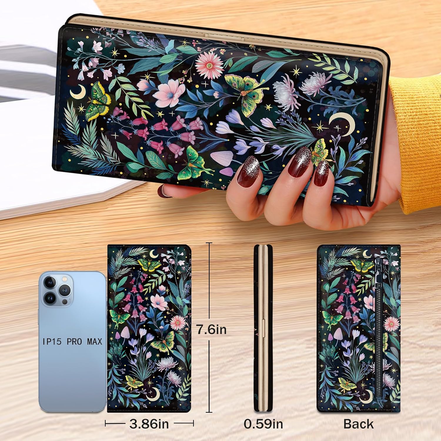Immaturus Womens Wallet, Butterfly Flower Slim Thin RFID Blocking Credit Card Wallets, Moon Long Bifold PU Leather Card Holder Organizer, Cash Clutch Billfold with Zipper Coin Pocket Ladies Girls Gift - Image 6