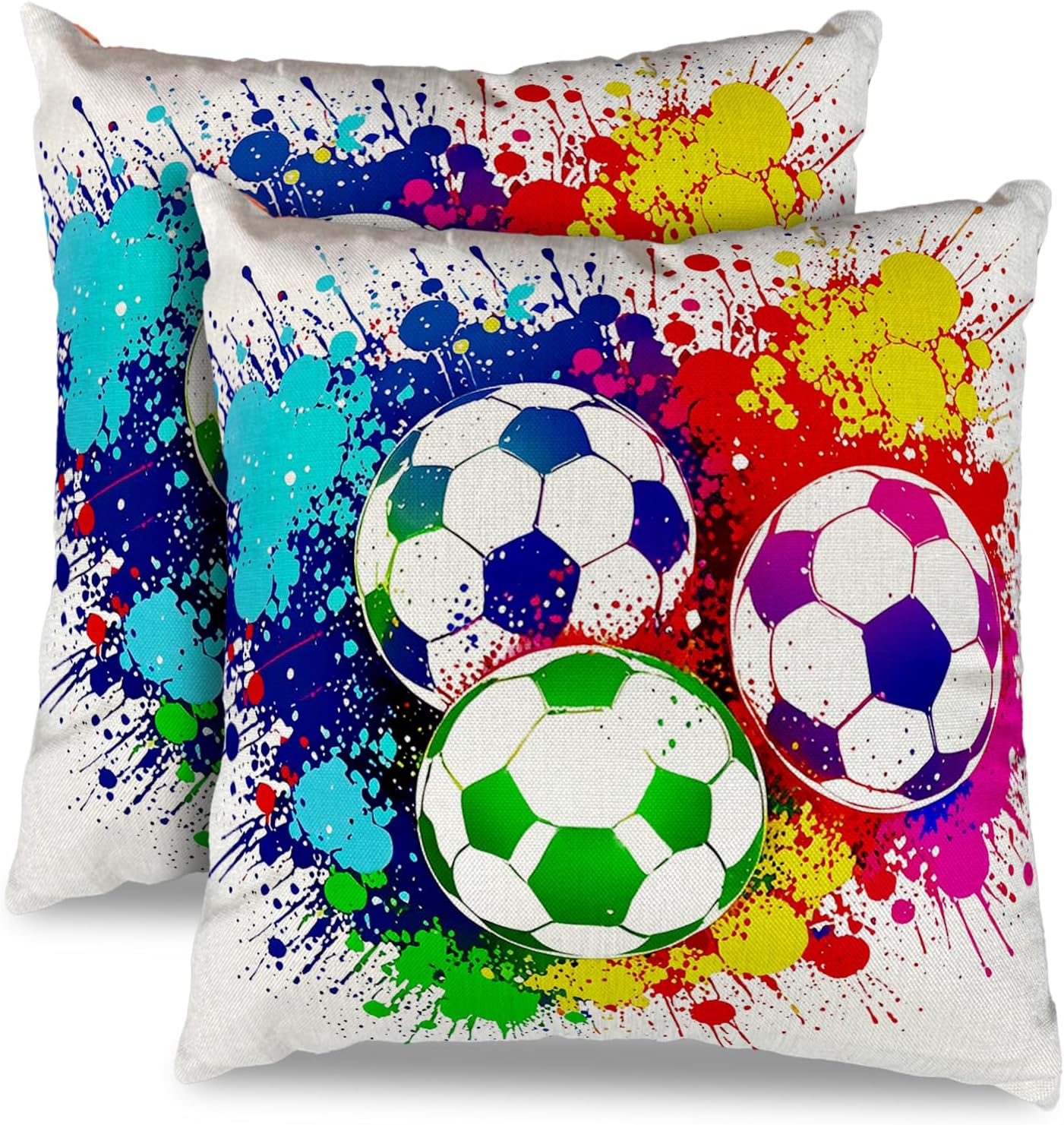 Soccer Throw Pillow Cases, Colorful Football Throw Pillow Cushion Cover, 18x18 Inch Sports Passion Rainbow Color Soccer Balls Doodle Pillow Case for Home Decoration (A)