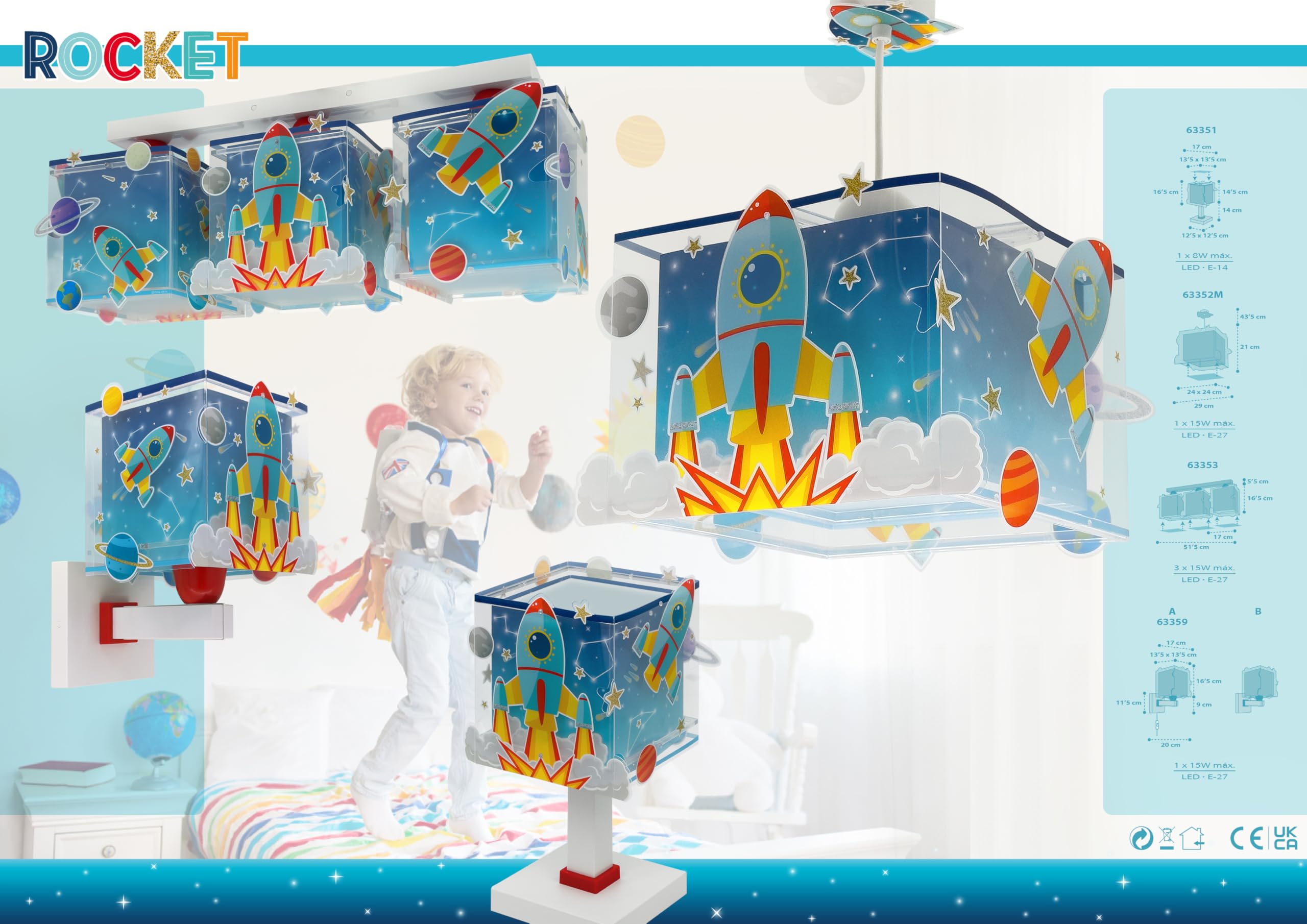Lampada a sospensione per bambini Dalber Rocket, razzo spaziale e sistema solare, 63352M, attacco E27, lampade per bambini, cameretta per ragazzi.