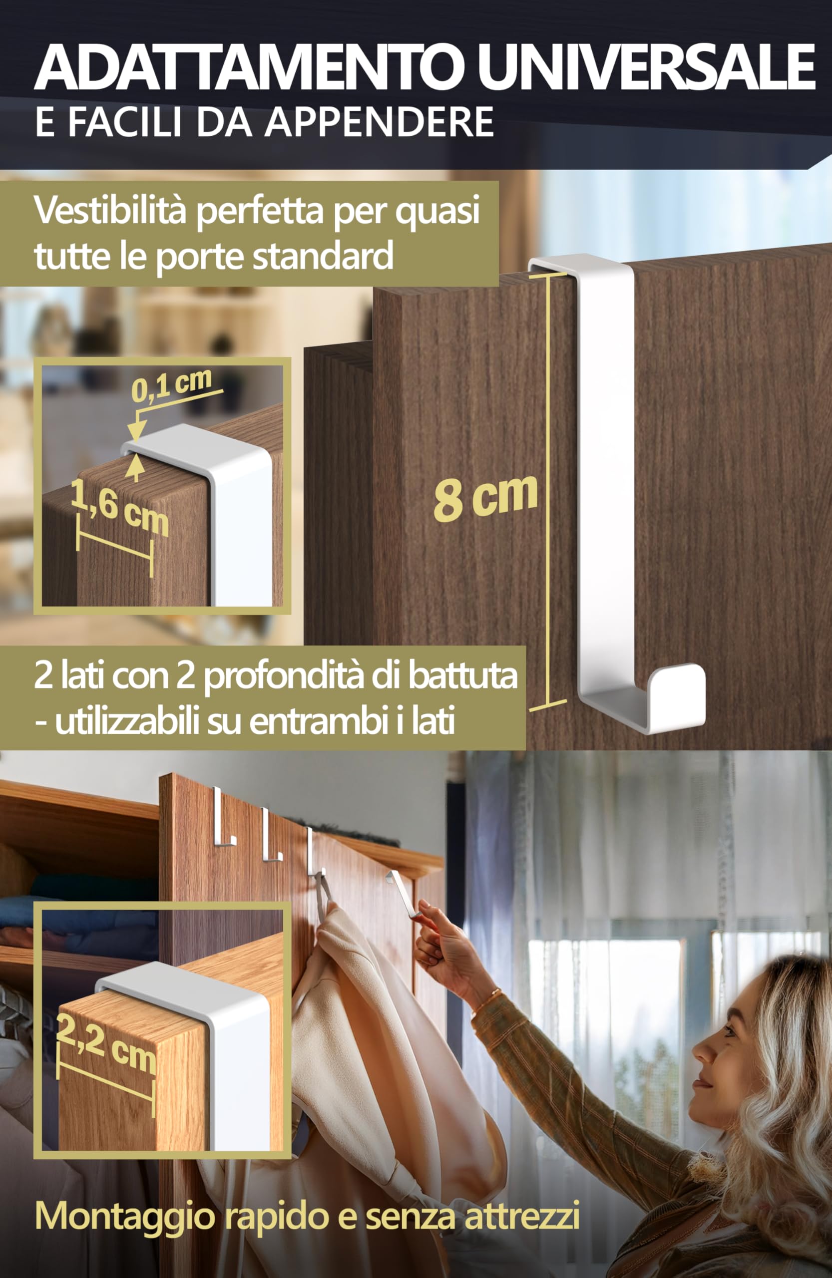 4smile Appendiabiti da Porta 1.6 cm 2.2 cm, 10 Pezzi in Bianco - Attaccapanni da Porta in Acciaio Inox, Durevole Appendi Accappatoio per Bagno, Universali Ganci Porta