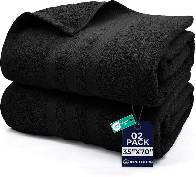 DAN RIVER Draps de bain Jumbo de luxe 2 Pièce – 550 GSM (35x70 Pouces) 100% Ensemble de serviettes de bain très absorbantes et rapidement sèches en coton – Serviettes de bain super doux, Hôtel, Spa, Noir