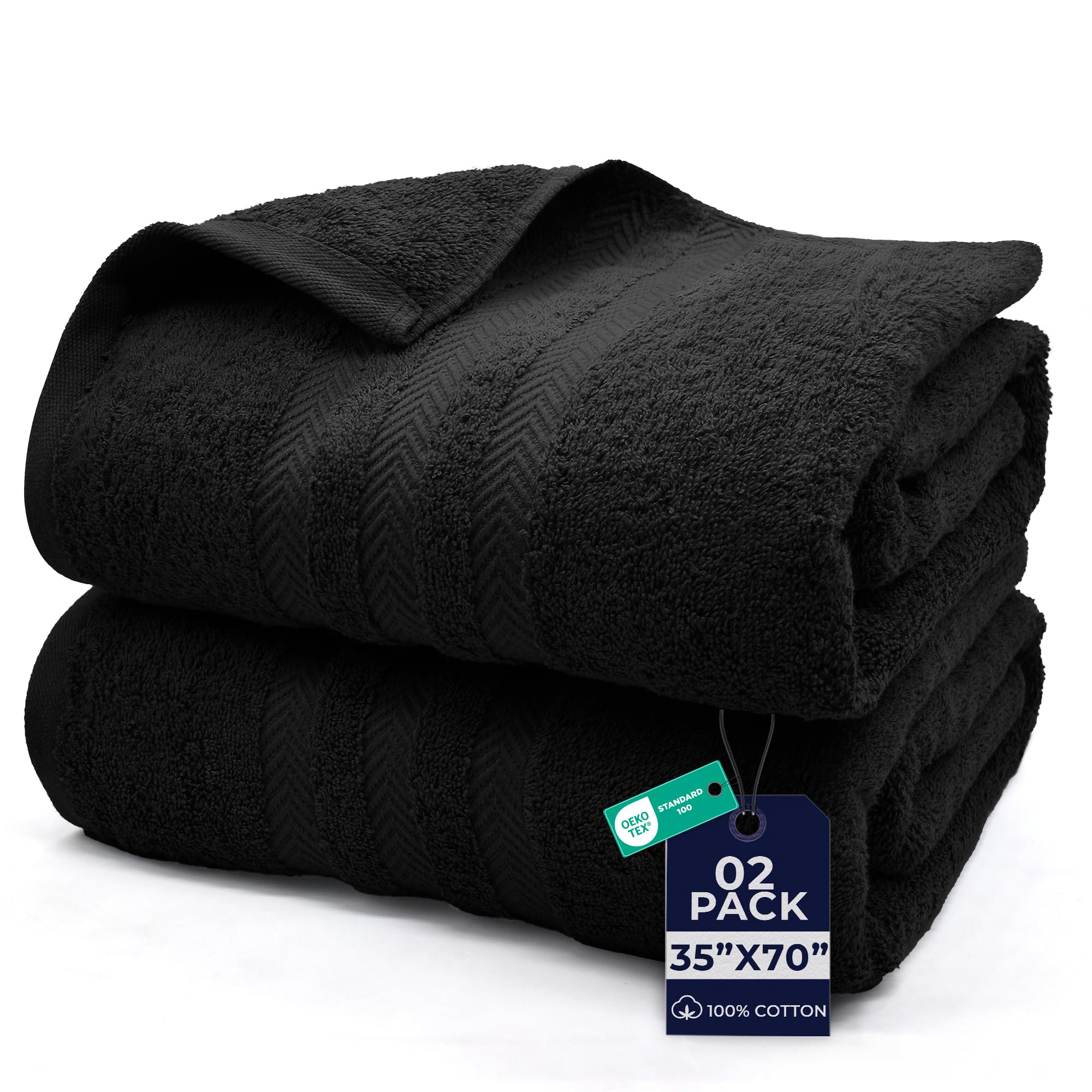 DAN River 2 Pack Bath Sheets Extra Large 35x70, Large Bath Towels for Adults, XL Oversized Heavy Duty Towel Set, 600 GSM 100% Ring Spun Cotton, Soft Quick Dry, Black