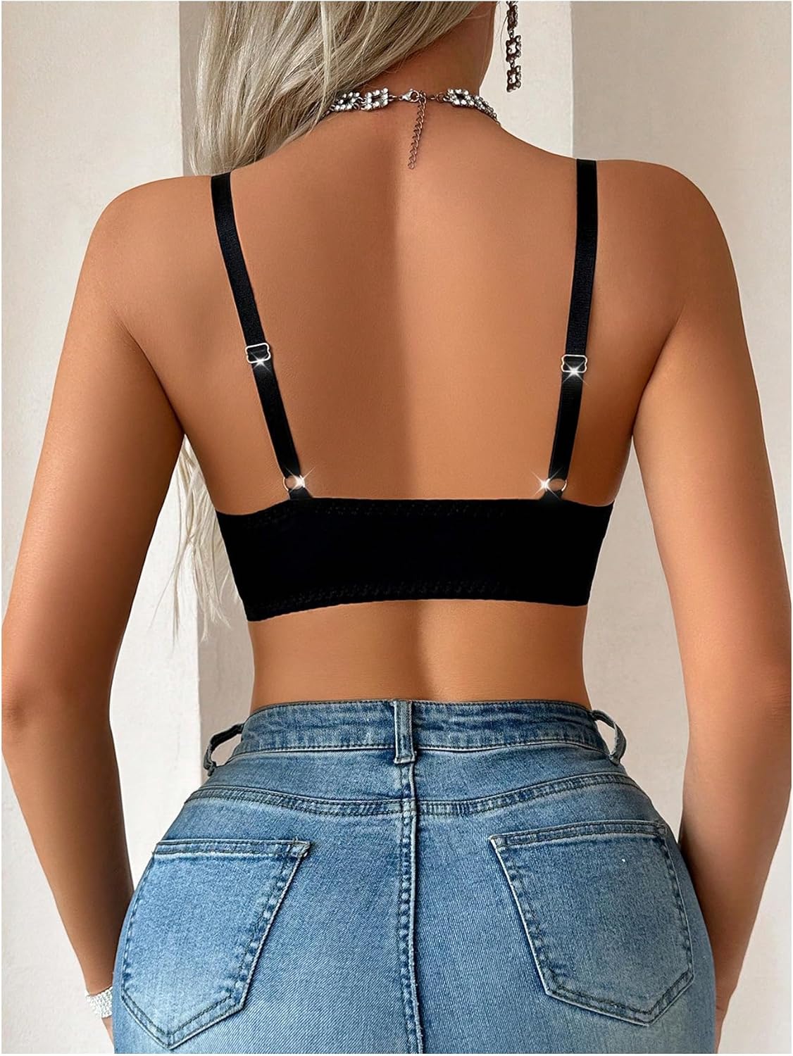 SOLY HUX Women's Deep V Neck Bralettes Mesh Sheer Adjustable Straps Wireless Bras - Image 2