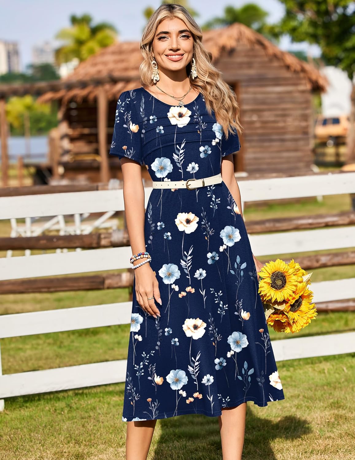 Zeagoo Womens Casual Dresses for Summer Short Sleeve Flare Midi Dress Loose Beach Sundress Pleated Front Dress with Pockets - Image 4