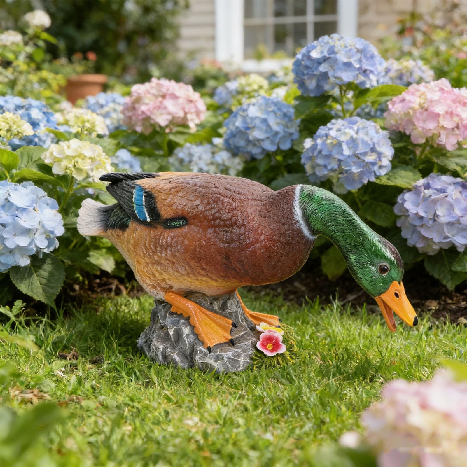 Haofy Statua di Anatra Germano Reale Dipinta a Mano in Resina, Anatra a Testa in giù, Statuina in Cerca di Cibo, Scultura Animale per Giardino, Patio Esterno, Decorazione per Prat
