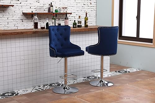 Miniatura 2 de Taburetes de bar de terciopelo, color azul, juego de 2 sillas de bar ajustables con altura de mostrador giratoria con reposapiés para cocina, pub,