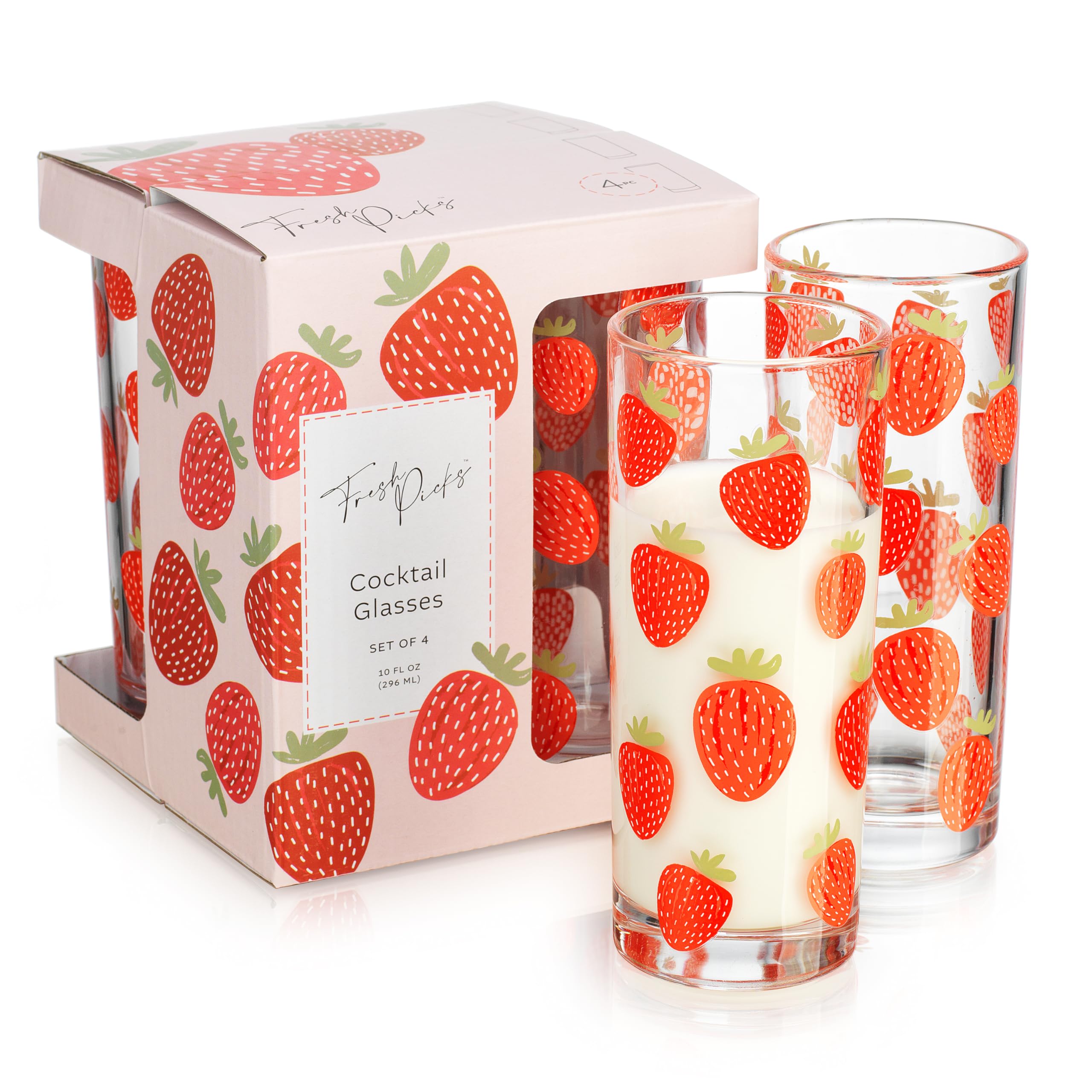 Longdrinkgläser mit Erdbeermuster, 284 ml, Sommerfrucht-Design, Trinkgläser, 4 Stück, Saft-Trinkgläser