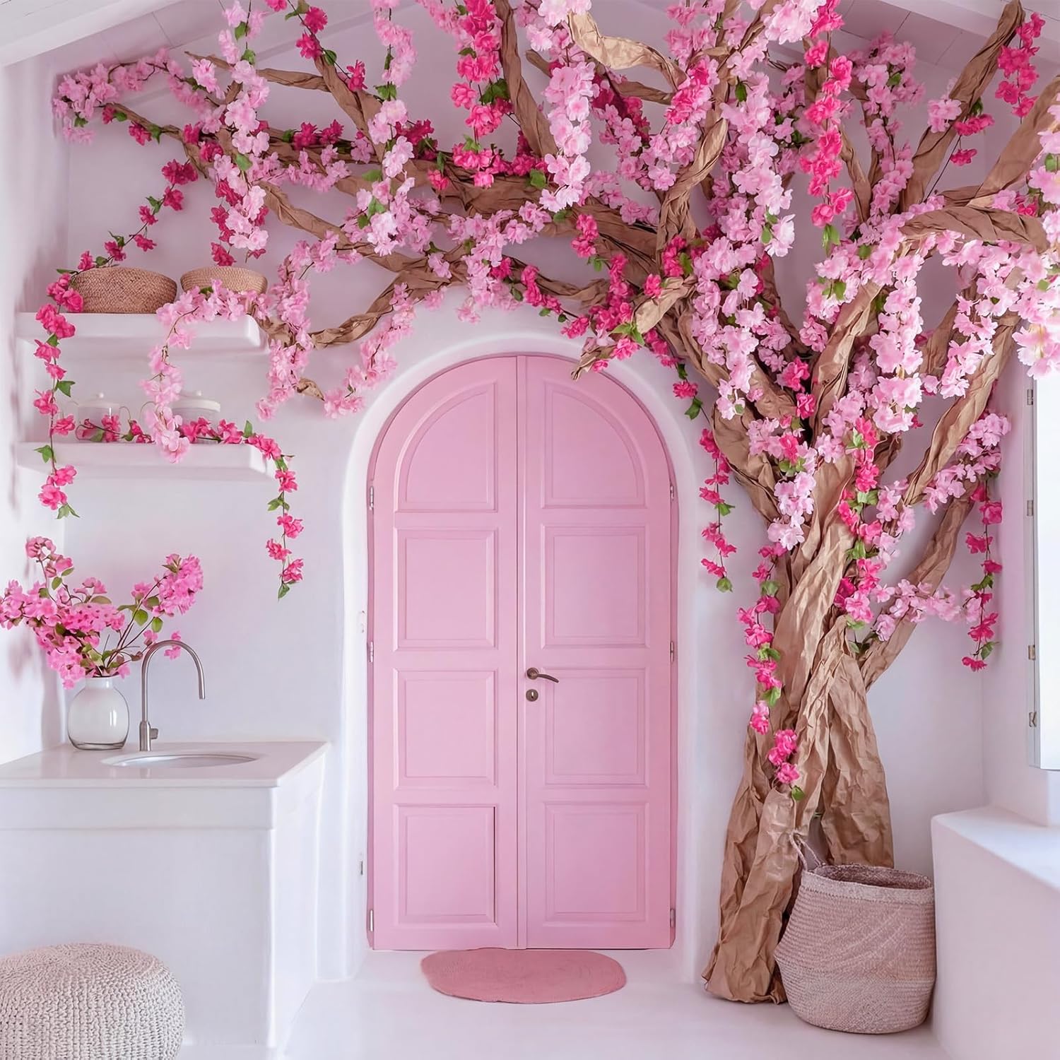 Yinder 35 Pcs 3D Wisteria Tree for Classroom Room Include Artificial Cherry Blossom Vines with Kraft Paper Tape for Classroom Home Room Wedding Summer Party Decor