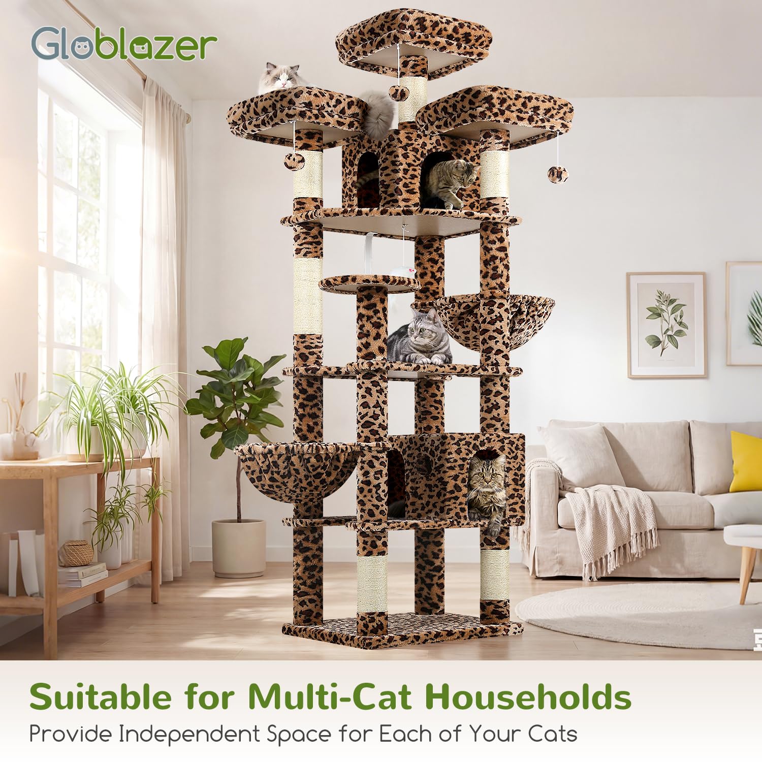 Globlazer F82 Kratzbaum XXL 209cm Luxus Schloss für Große Katzen, Leoparden | Katzenbaum Stabil über 2 Meter mit 3 Sitzstangen, 2 Katzenhaus, 2 Korb Plattform, Aktivitätskratzbäume für 2/3/4 Katzen Innen