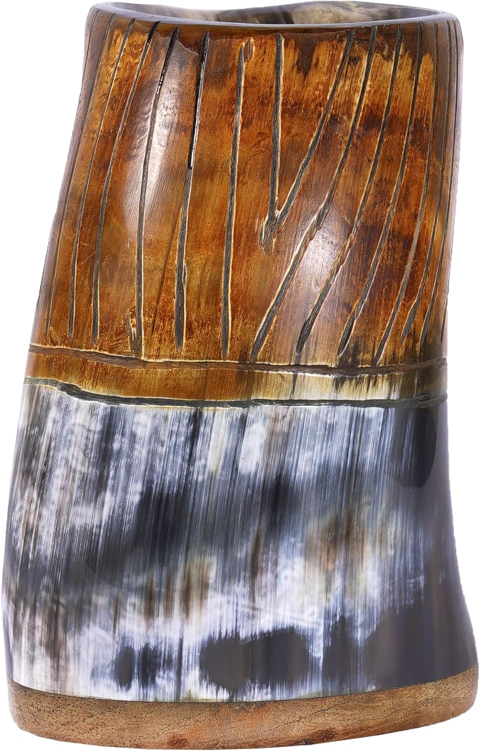 Viking Traders Original Viking Drinking Horn Mug with Burlap Sack - 20 Oz Wood Base Extra Large Medieval Inspired Handcrafted Cup polished Natural & Real Horn Tankard for mead ale and beer party