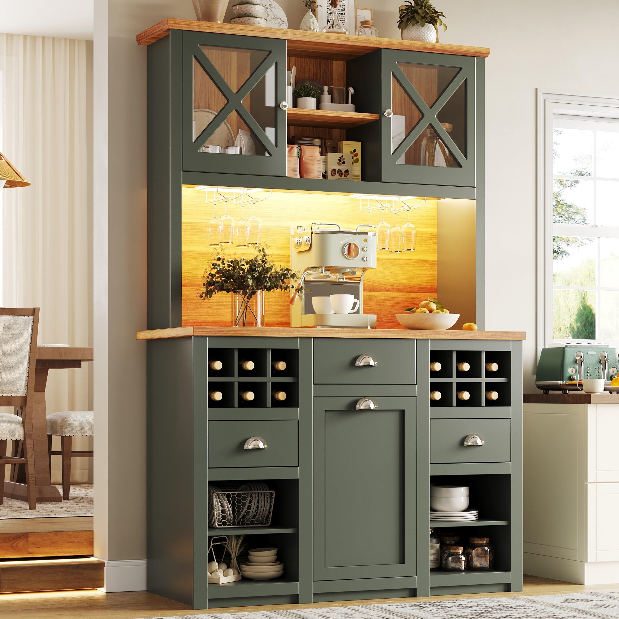 Hohe Küchenschränke (120 x 45 x 188 cm), Sideboards, mit Glastüren und LED-Beleuchtung, Beistellschrank mit Weinregal, Verstellbare Regalböden, Grün