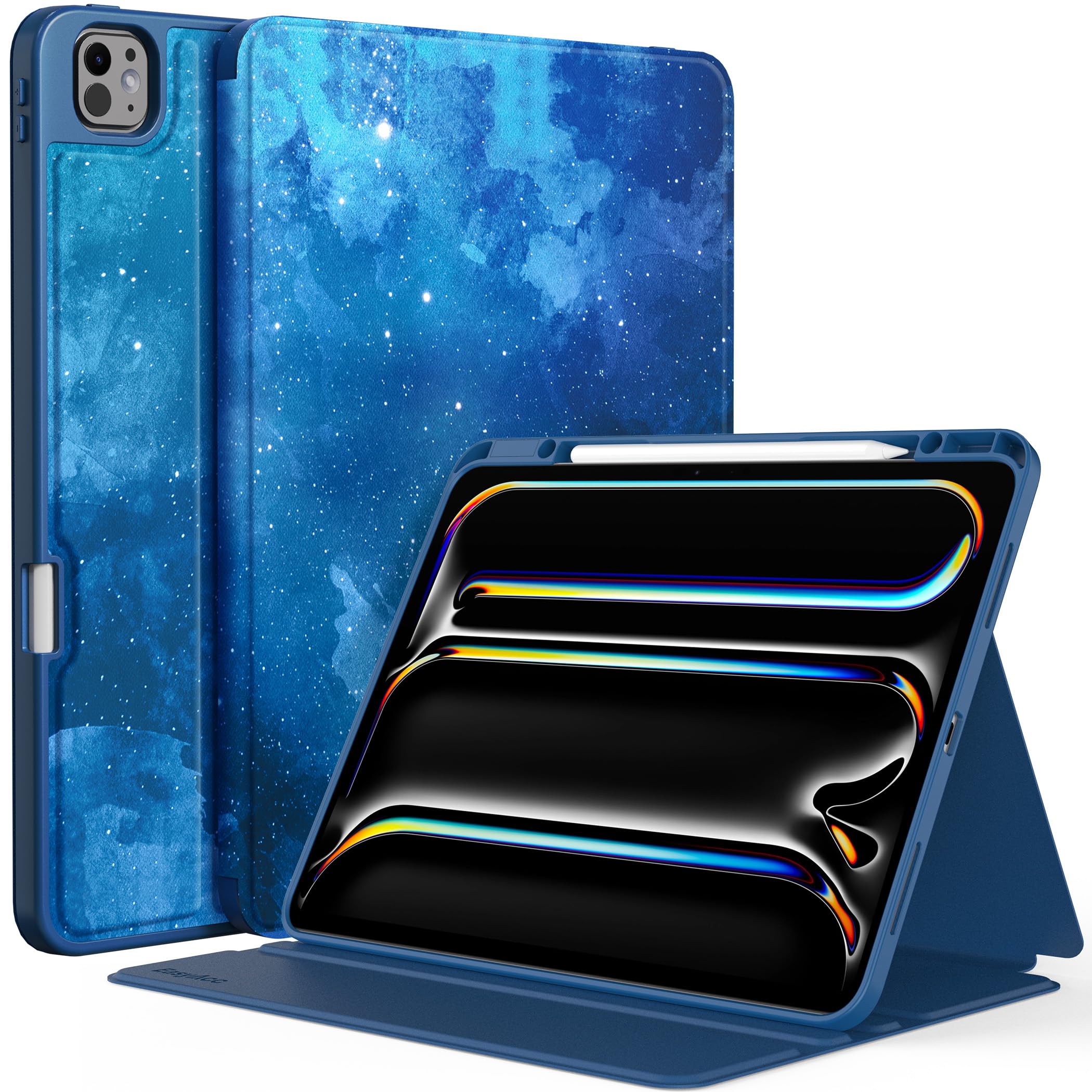 EasyAcc Hülle Für IPad Pro 13 M4 (2024) – Schutzhülle Mit Ständer, Stifthalter & Magnetschlaf-Funktion, Blau Sterne
