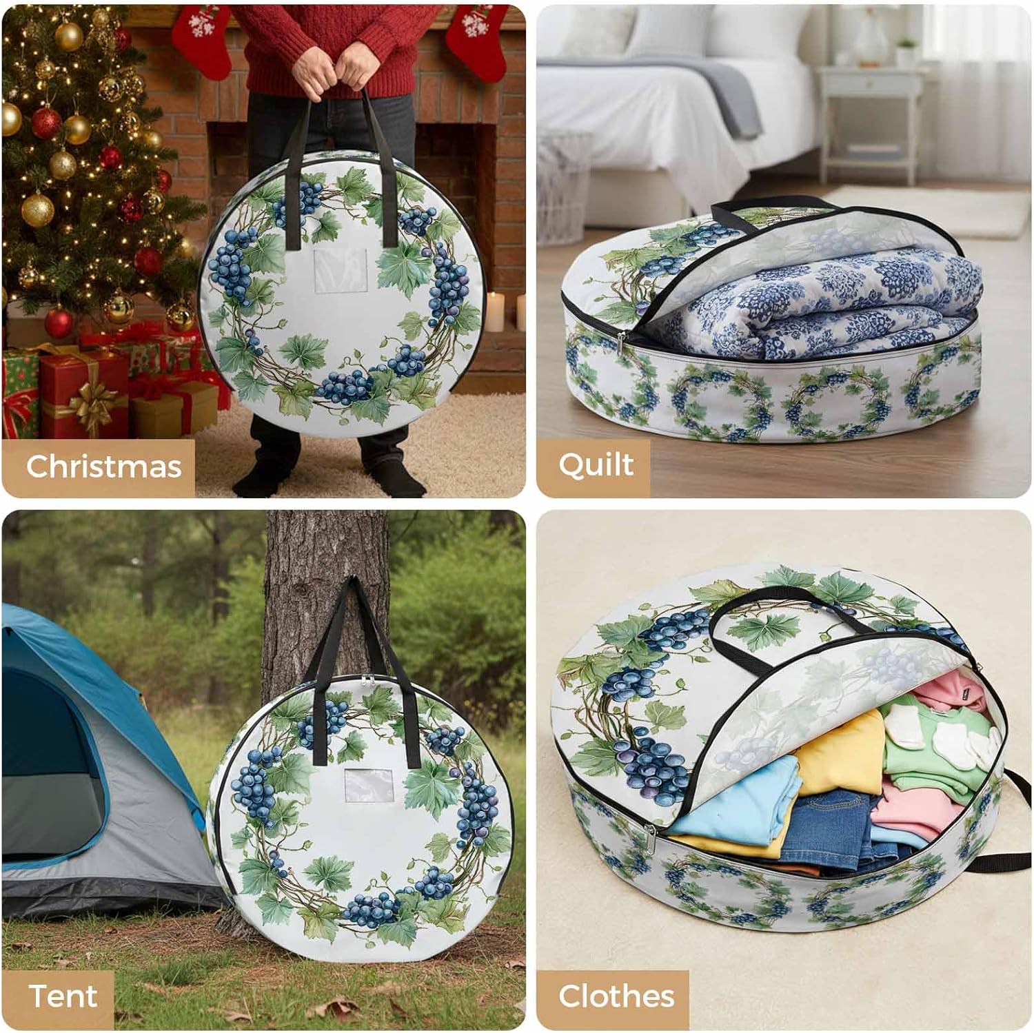 Summer Grape Wreath Round Storage Bag 36 Inch, Country Watercolor Purple Grapes Green Leaf Clothes Storage Container with Handles Heavy Duty Organizer for Comforter, Bedding & Holiday Wreaths