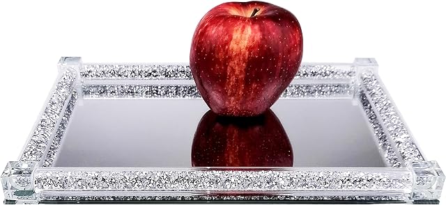 BANQLE Mirrored Crystal Vanity Tray, Silver Jewelry and Makeup Tray, Dresser Bathroom, Silver