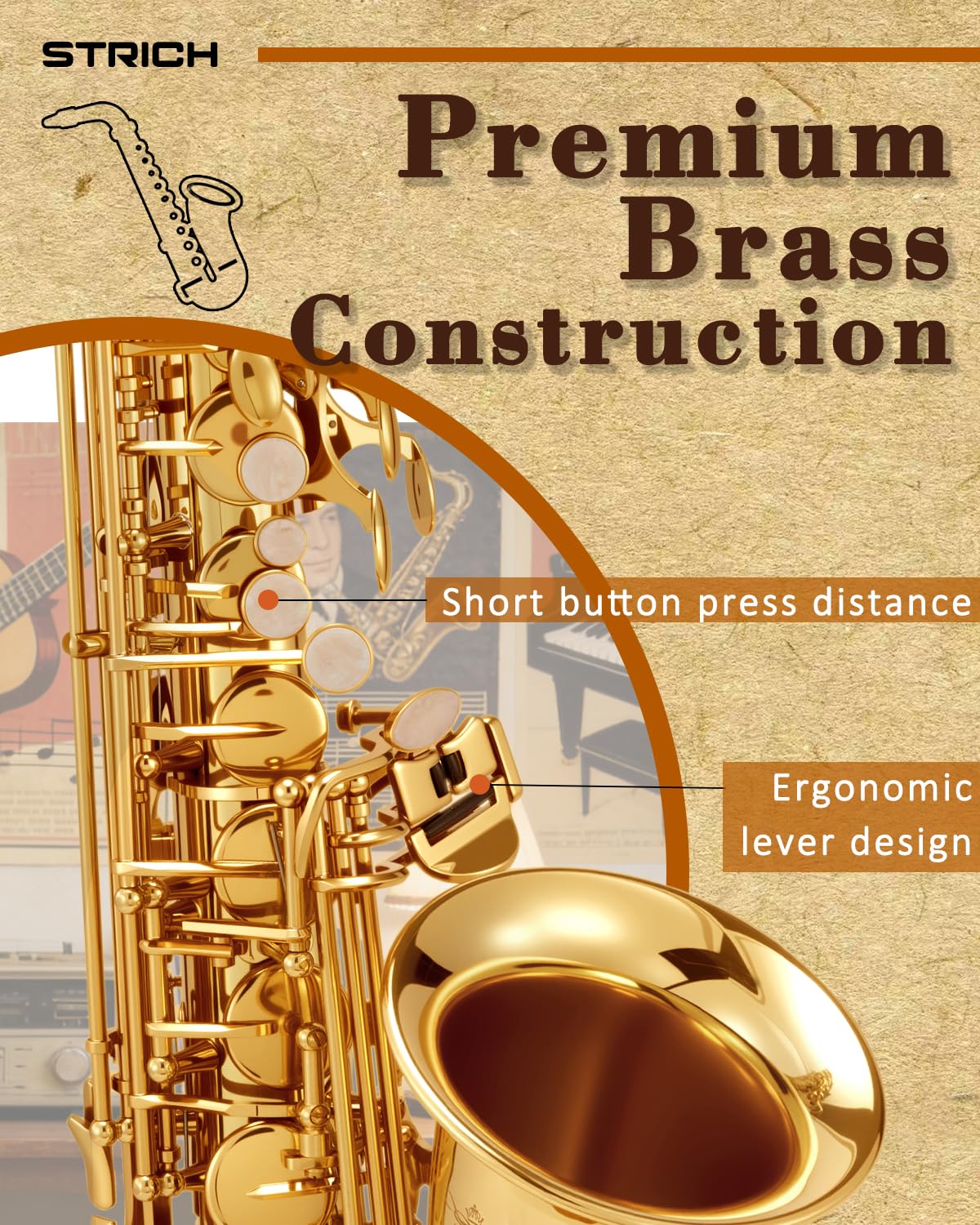 STRICH Kit de saxophone alto en cuivre pour débutants, comprenant une sangle de cou, un bec et des anches, destiné à la pratique à la maison et aux orchestres scolaires, SSA-31
