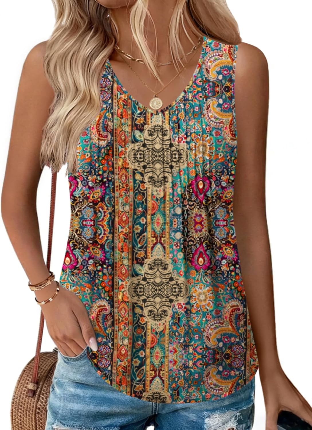 Zeagoo Womens Tank Tops 2026 Sleeveless Pleated V Neck Loose Fit Summer Clothes Flowy Boho Shirts