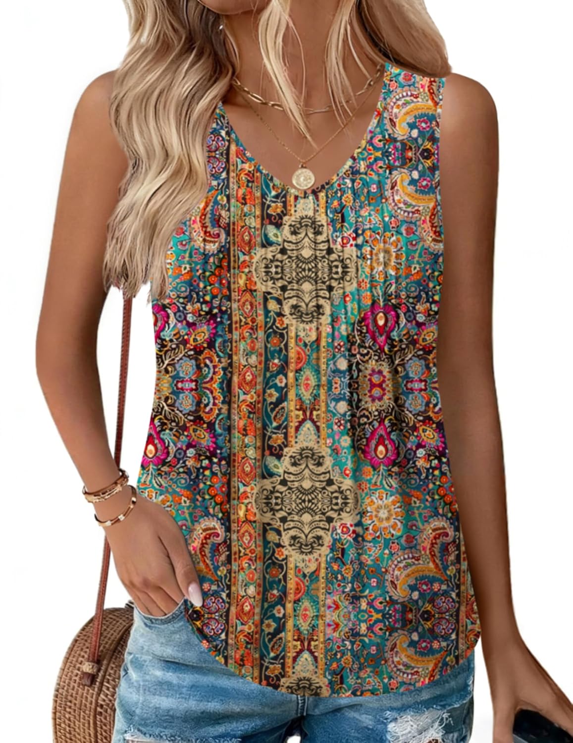 Zeagoo Womens Tank Tops 2026 Sleeveless Pleated V Neck Loose Fit Summer Clothes Flowy Boho Shirts