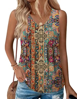 Zeagoo Womens Tank Tops 2026 Sleeveless Pleated V Neck Loose Fit Summer Clothes Flowy Boho Shirts