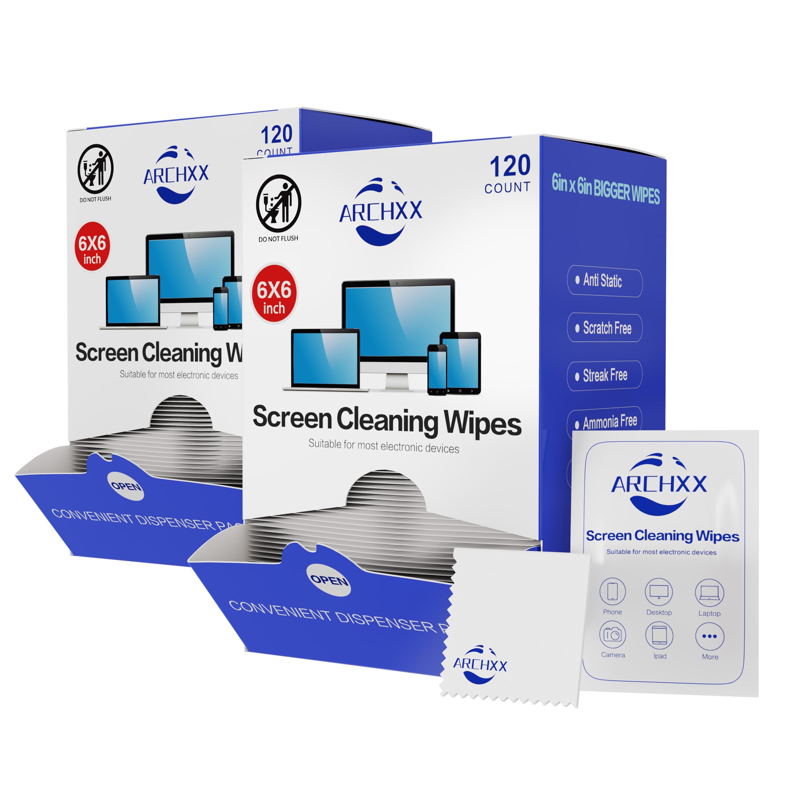 ARCHXX Screen Wipes for Electronics, 240 Count 6"x6" Pre-Moistened Screen Cleaner for Screens, Computer,Laptop,Tablet,Phone,Monitor,Car Screen Cleaner