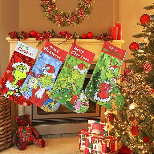 Miniatura 3 de BATERZO Paquete de 6 medias de Navidad Grinchs, divertidas medias de Grinchs, 18 pulgadas, bolsa de regalo grande de Navidad para niños, chimenea,