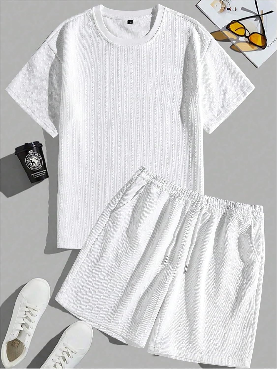 GORGLITTER Men's Vacation Beach Outfits Textured Short Sleeve Tee and Shorts Sets Tracksuit - Image 5