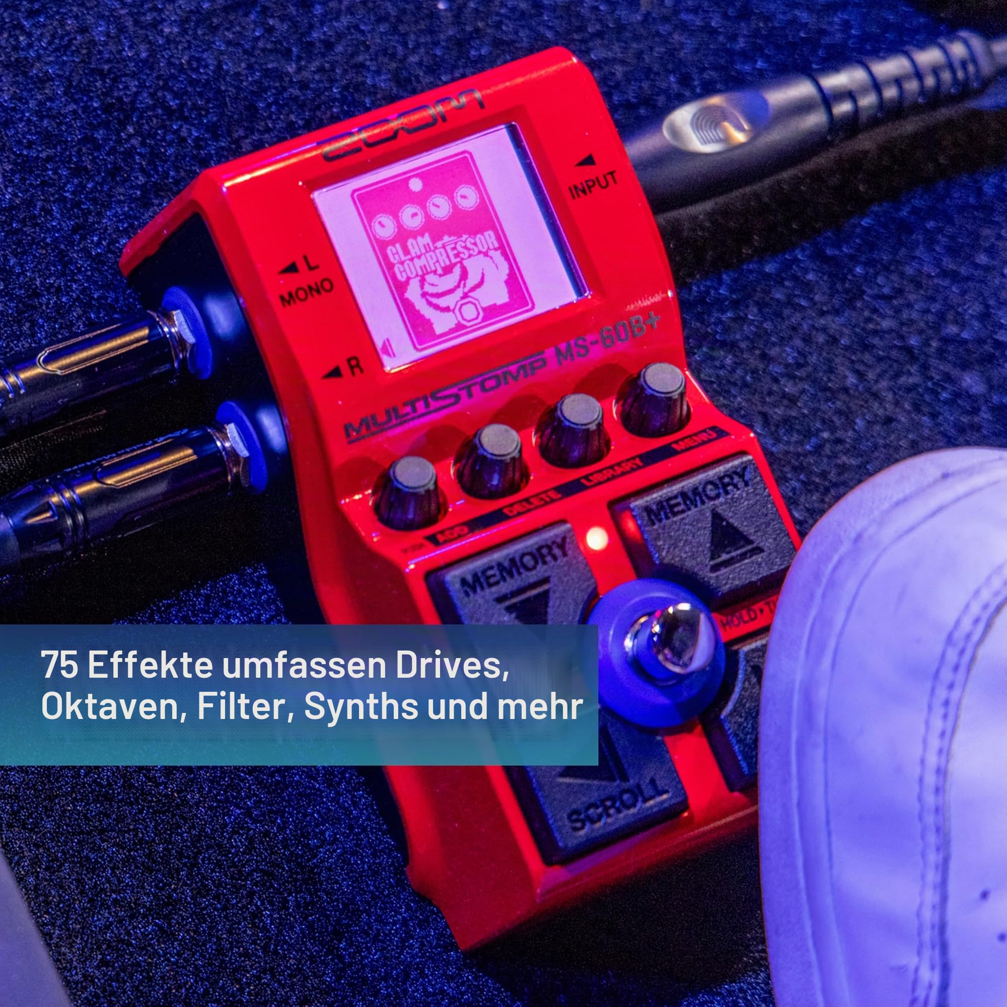ZOOM MS-60B+ Bass-Multi-Effektpedal, Simulation berühmter Verstärker und klangbestimmender Vorverstärker, 75 Effekte wie Overdrive, Octaver, Filter, Modulation, Synths, Distortion u.a., rot