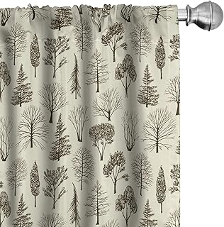 Forest Curtains, Woodland Pine Oak Chestnut Birch Maple Trees Sketch Hand Drawn Print, Window Treatments 2 Panel Set for Living Room Bedroom, Pair of - 28